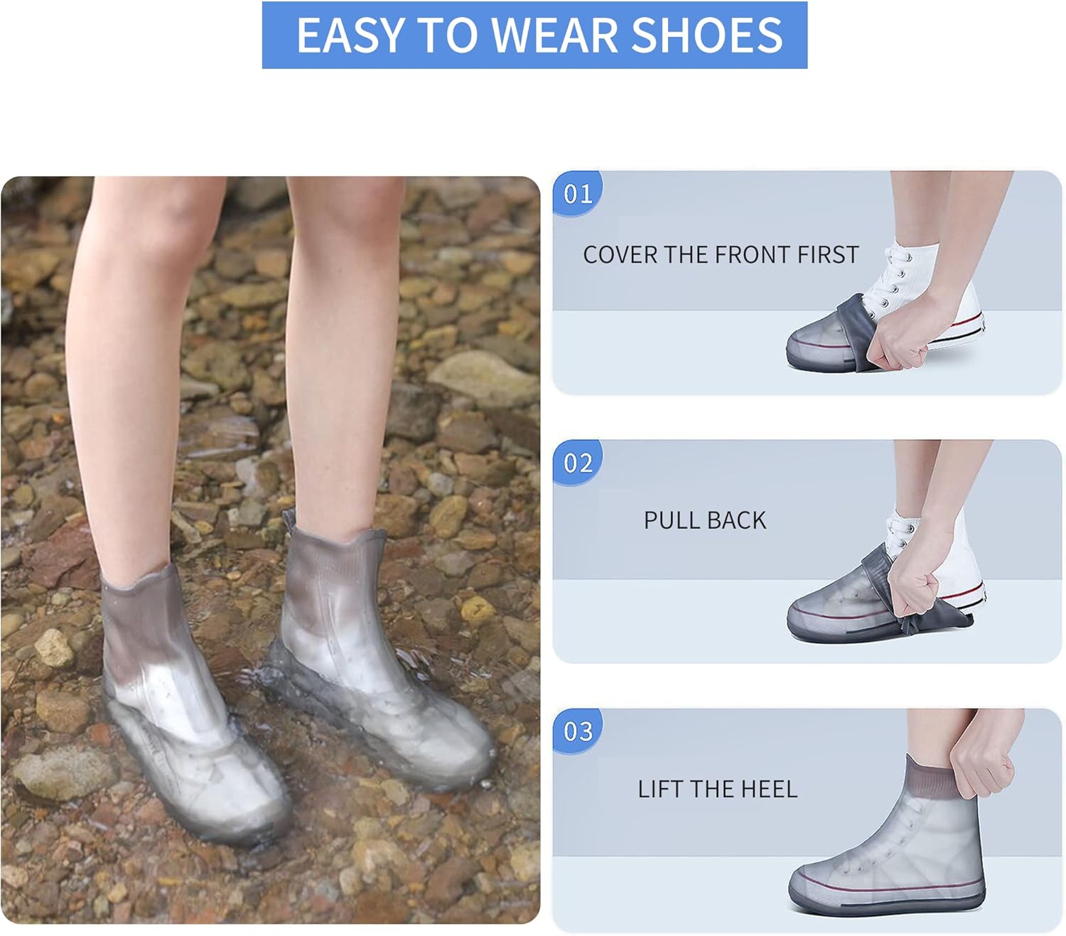 Shoe Covers Waterproof Rain Shoes Reusable Foldable Boots Slip Resistant Rubber Sole Overshoes Protectors for Cleaning Camping Travel Galoshes with Buttons Gray XX-Large - Image 7