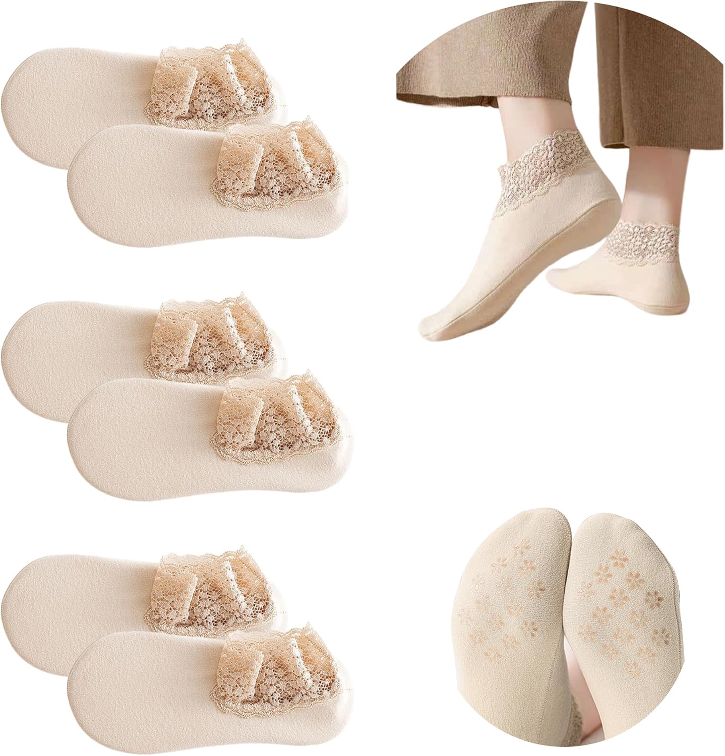 3Pairs Lace Socks No Show Frilly Ankle Knit Cotton Non Slip Low Cut for Women Floor Beige One Size - Image 1