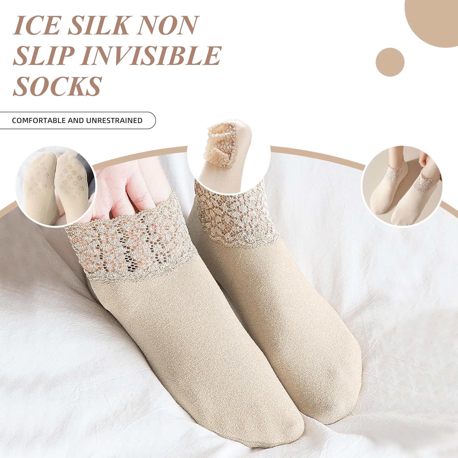 3Pairs Lace Socks No Show Frilly Ankle Knit Cotton Non Slip Low Cut for Women Floor Beige One Size - Image 2