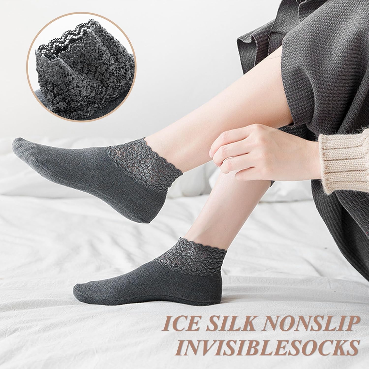 3Pairs Lace Socks No Show Frilly Ankle Knit Cotton Non Slip Low Cut for Women Floor Beige One Size - Image 3