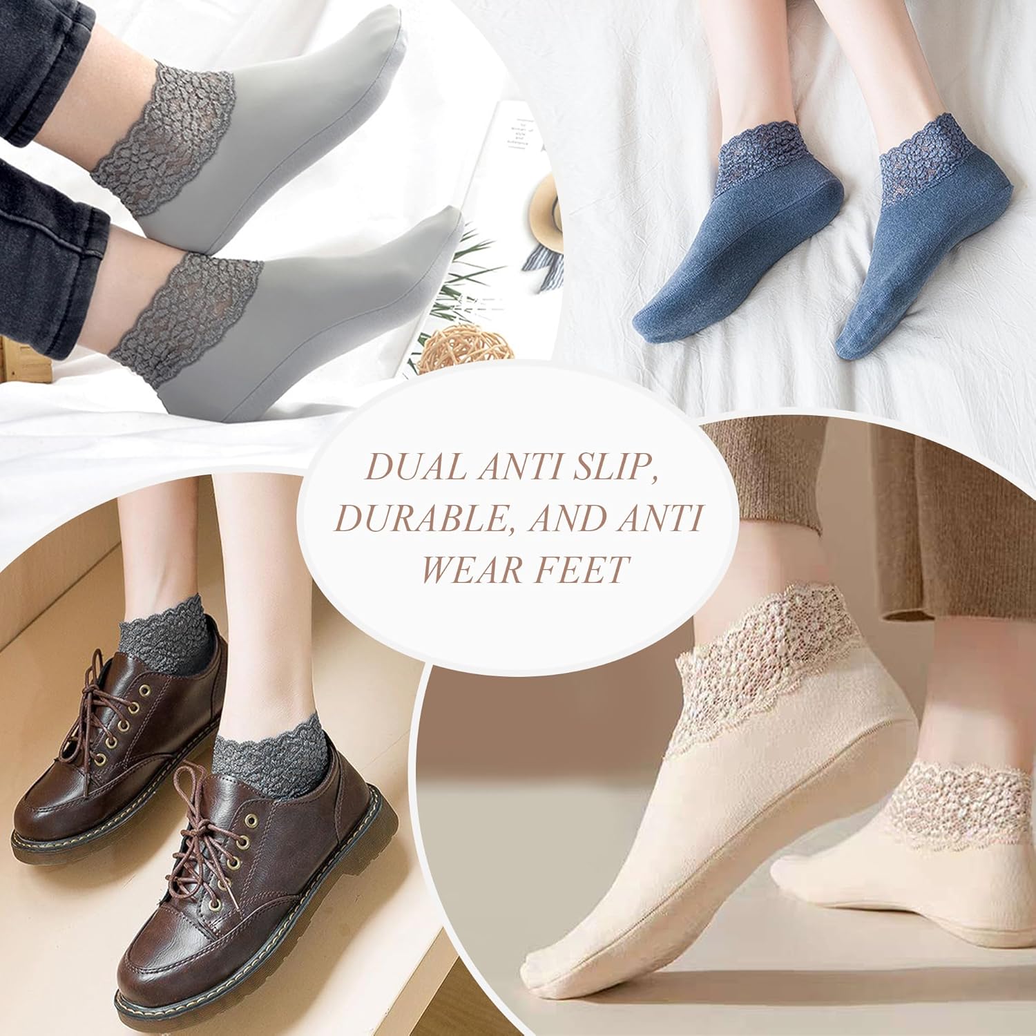 3Pairs Lace Socks No Show Frilly Ankle Knit Cotton Non Slip Low Cut for Women Floor Beige One Size - Image 4