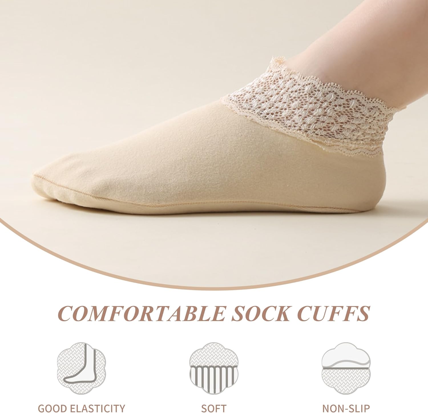 3Pairs Lace Socks No Show Frilly Ankle Knit Cotton Non Slip Low Cut for Women Floor Beige One Size - Image 5