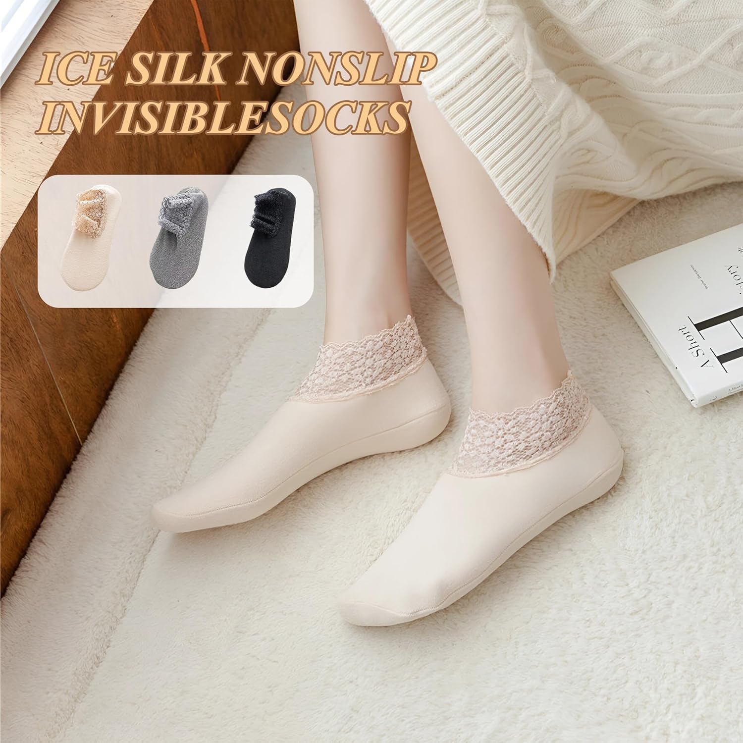 3Pairs Lace Socks No Show Frilly Ankle Knit Cotton Non Slip Low Cut for Women Floor Beige One Size - Image 6