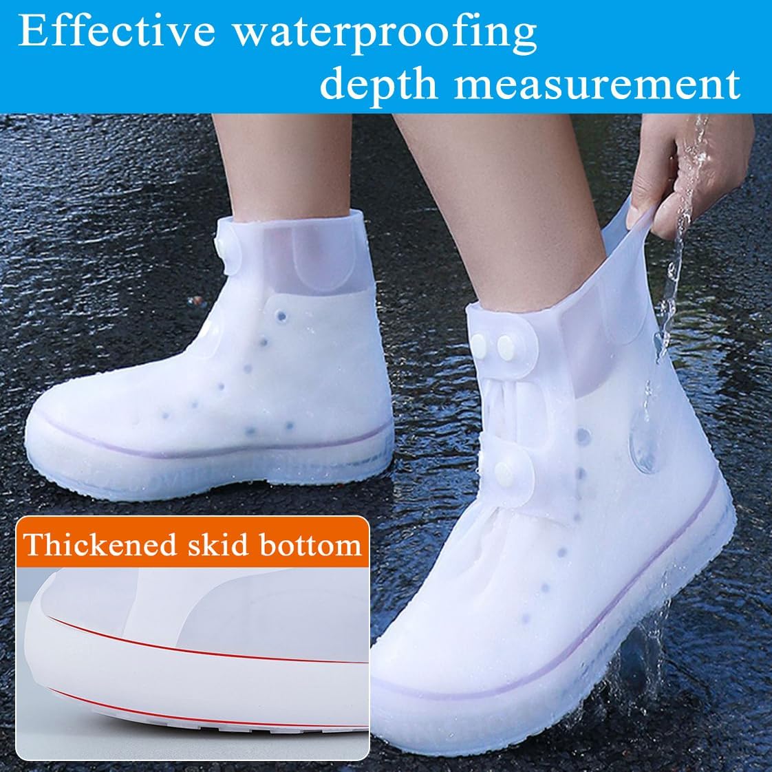 Rain Boot Covers Waterproof Shoe Silicone Protector Overshoes Sand Control Non-Slip Foldable Reusable Galoshes for Men Women Rainy Outdoor Cycling Fishing Camping White XL - Image 3