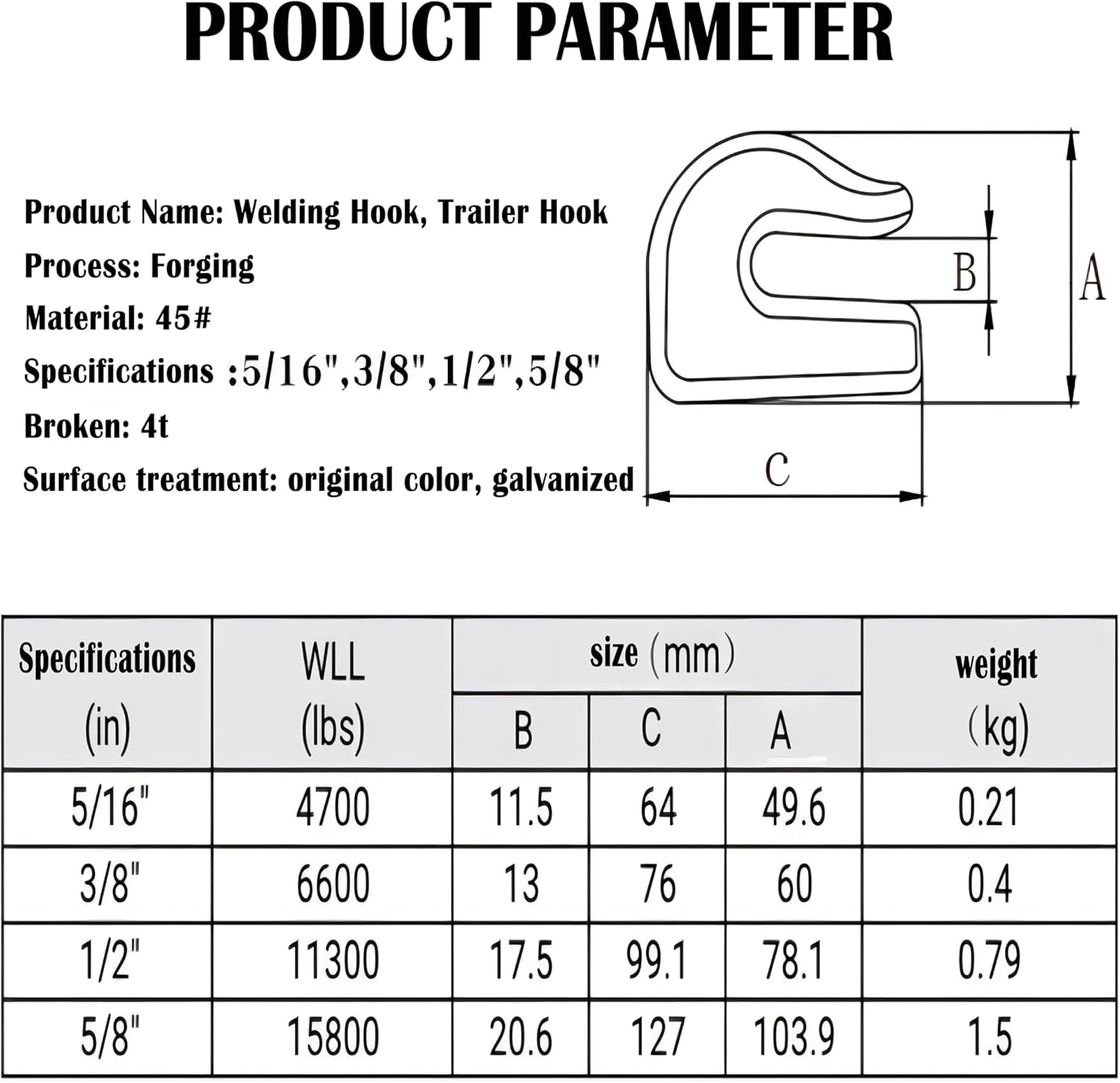Weld On Grab Chain Hook,3/8