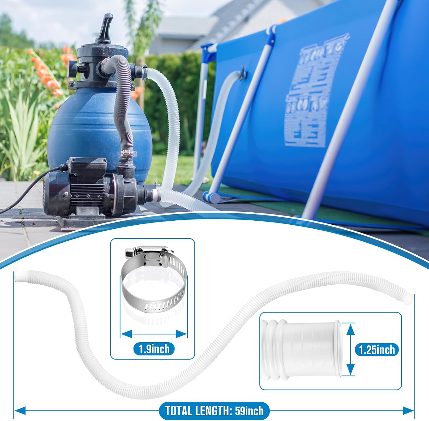 Pool Hoses for Above Ground Pools,1.25 x 59 Inch Filter Hose,Compatible with Intex Pump 607,637 With 8 Metal Clamps (3 Pack) (3) - - Image 2
