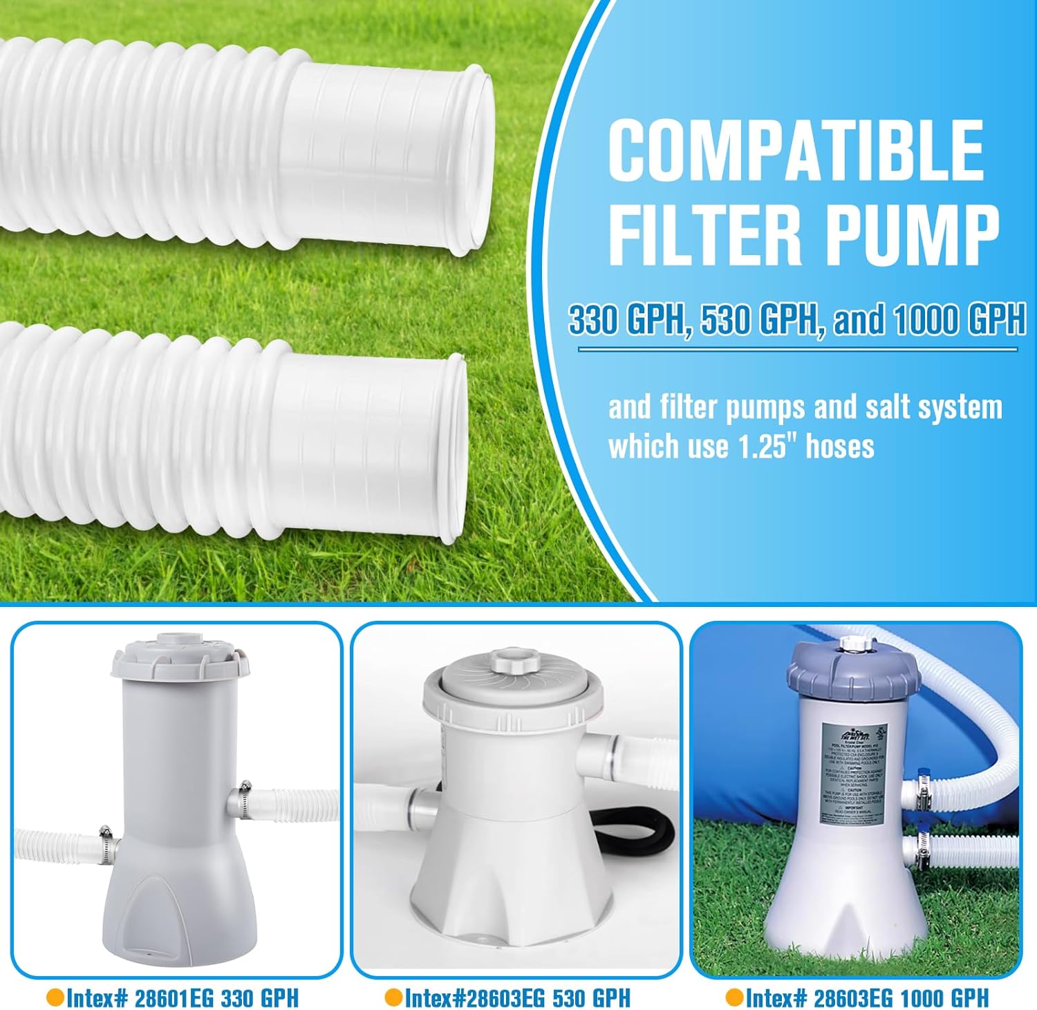 Pool Hoses for Above Ground Pools,1.25 x 59 Inch Filter Hose,Compatible with Intex Pump 607,637 With 8 Metal Clamps (3 Pack) (3) - - Image 3