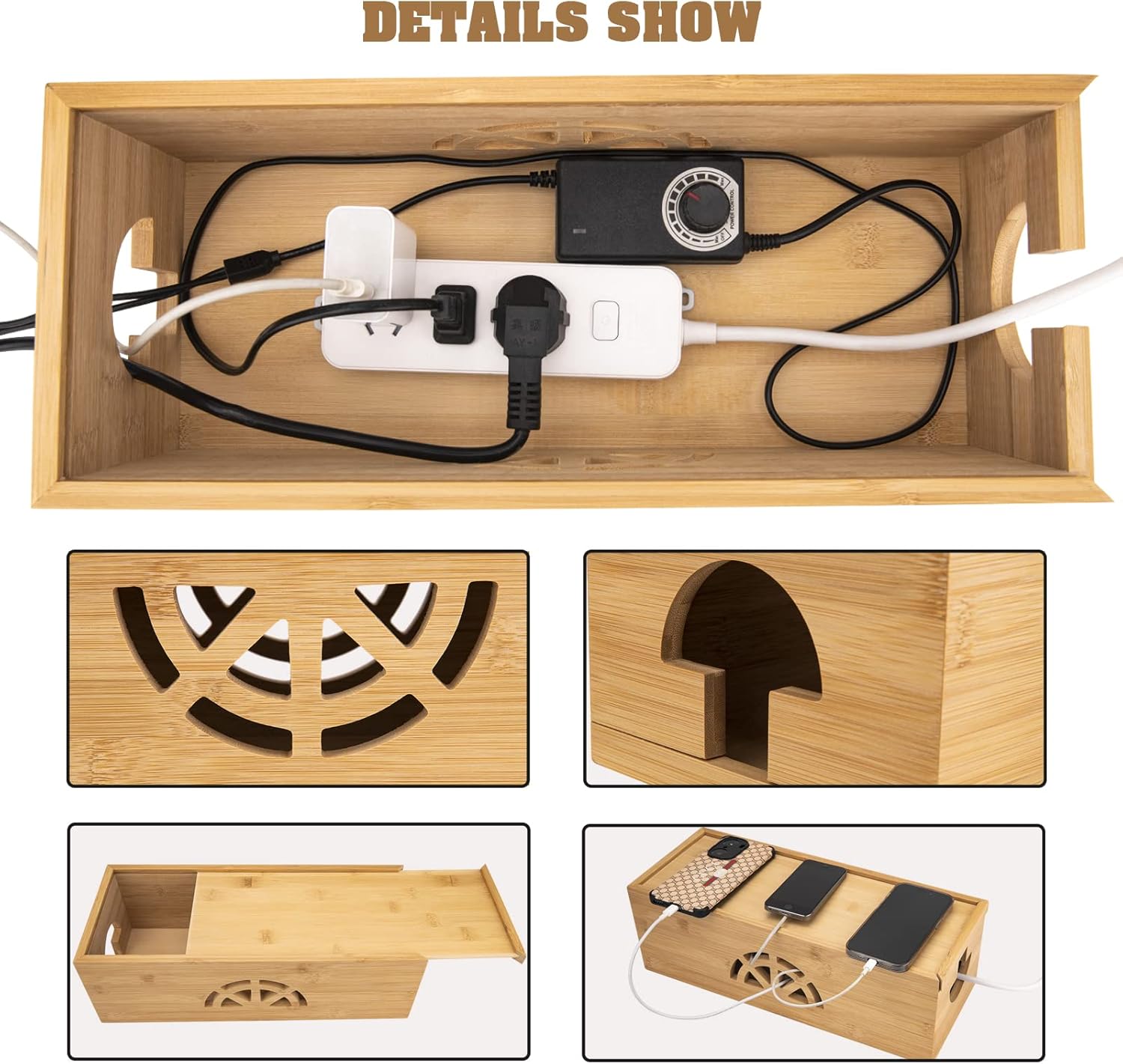 Cable Management Box,Cord Organizer Box,Bamboo Box for fit Desk Computer USB Behind TV Home Hall Power - - Image 3