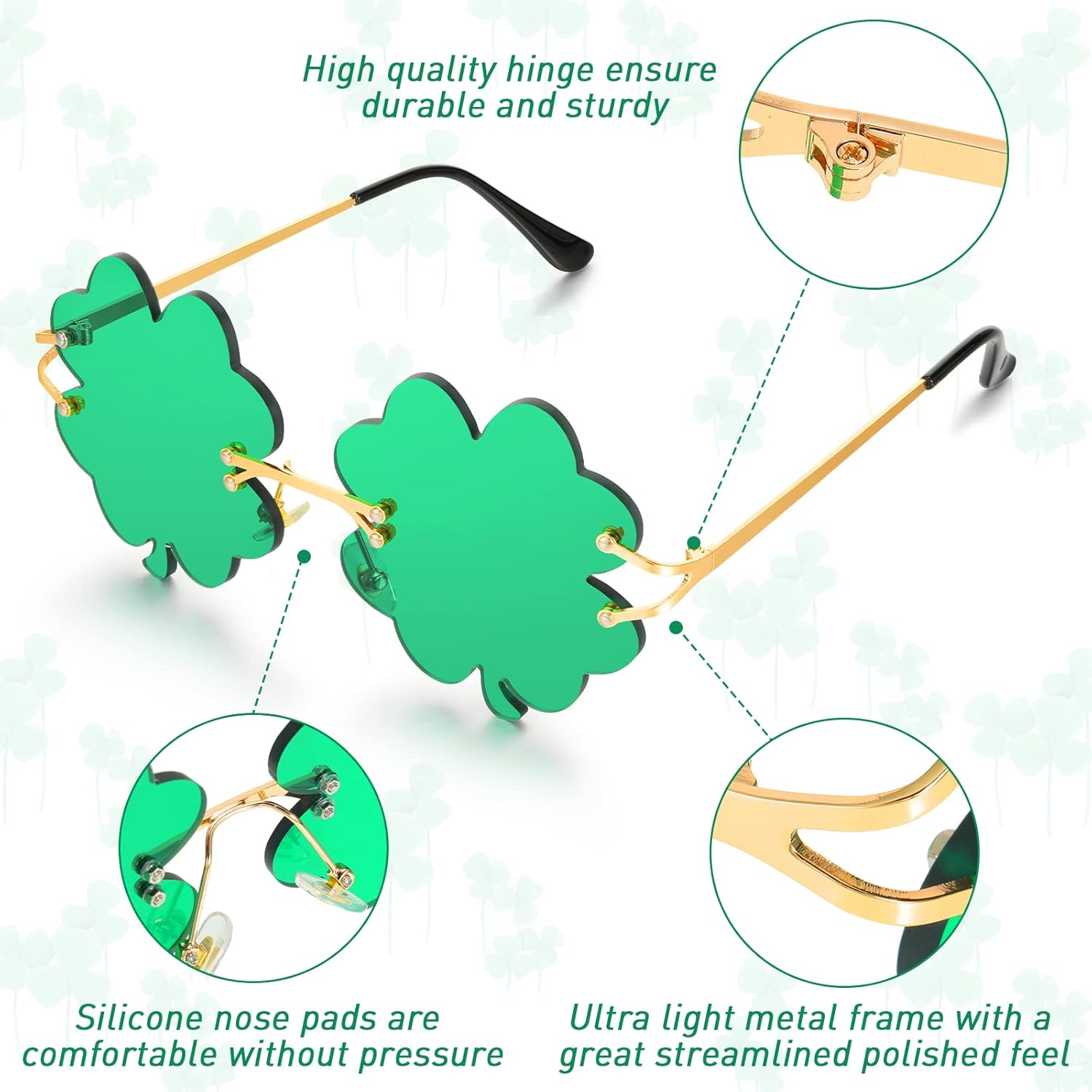 4 Pairs St. Patrick's Day Glasses Accessories Irish Shamrock Sunglasses Decor Party Favors Supplies Leprechaun Costume Green for Women Men - - Image 3