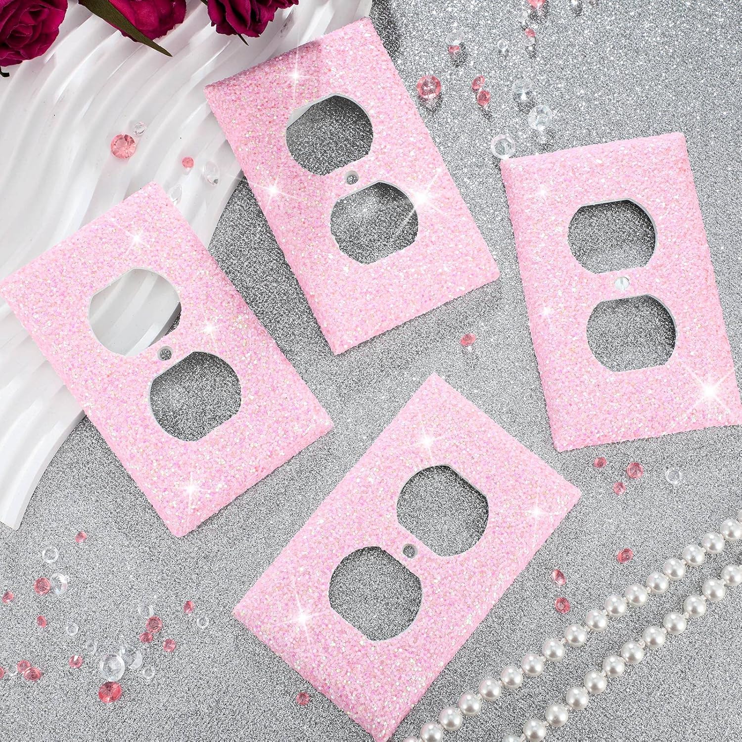 4 Pcs Glitter Light Switch Covers Bling Outlet Wall Plate Preppy Gift for Nursery Decor Women Teens Room Decor(Pink) Pink - - Image 5