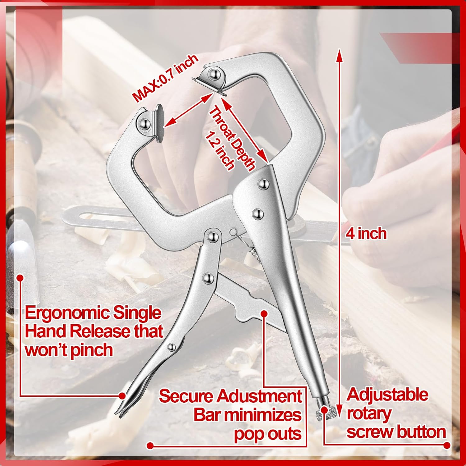 10 Pcs Locking C Clamp, Pliers Adjustable Welding Clamp with Regular Tip and Swivel Pad for Shop Home Farm Auto Workshop Woodworking, Cabinetry, Repair (4 Inch) - 4 Inch - Image 2
