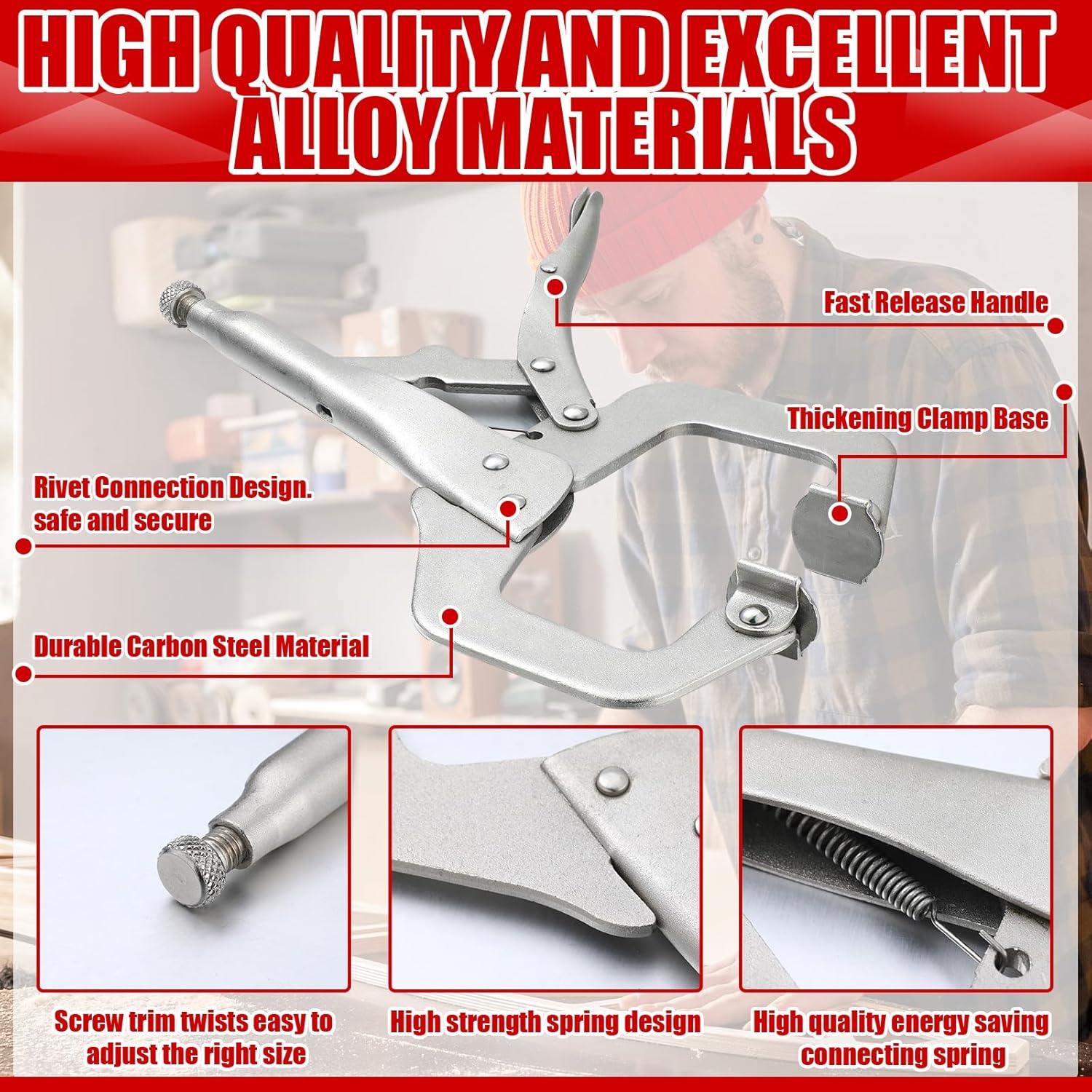 10 Pcs Locking C Clamp, Pliers Adjustable Welding Clamp with Regular Tip and Swivel Pad for Shop Home Farm Auto Workshop Woodworking, Cabinetry, Repair (4 Inch) - 4 Inch - Image 3
