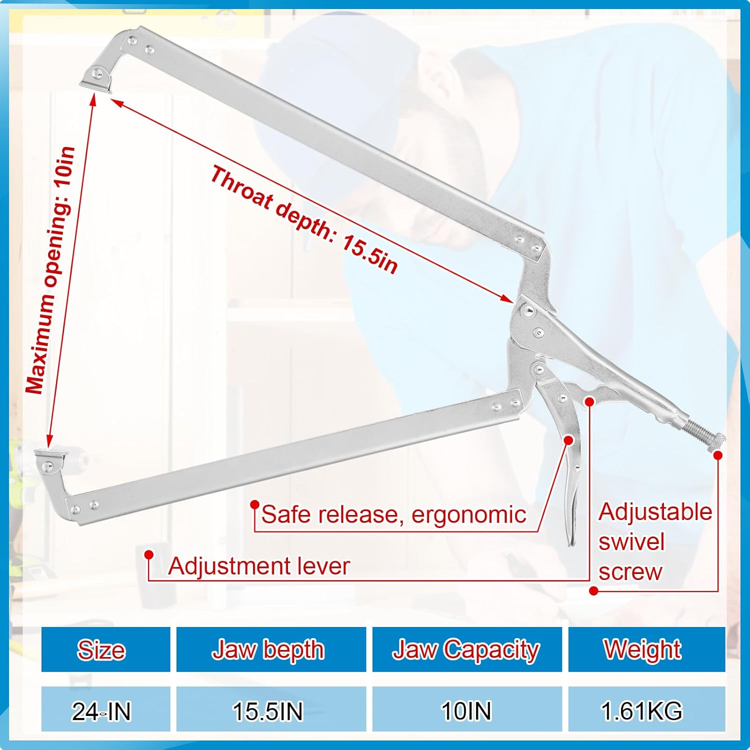 2 Pcs 24 Inch Locking C Clamp Large Opening Jaws Pliers Adjustable with Grip Swivel Pads Alloy Steel for Shop Home Farm Auto Workshop Woodworking Repair, Silver - - Image 2
