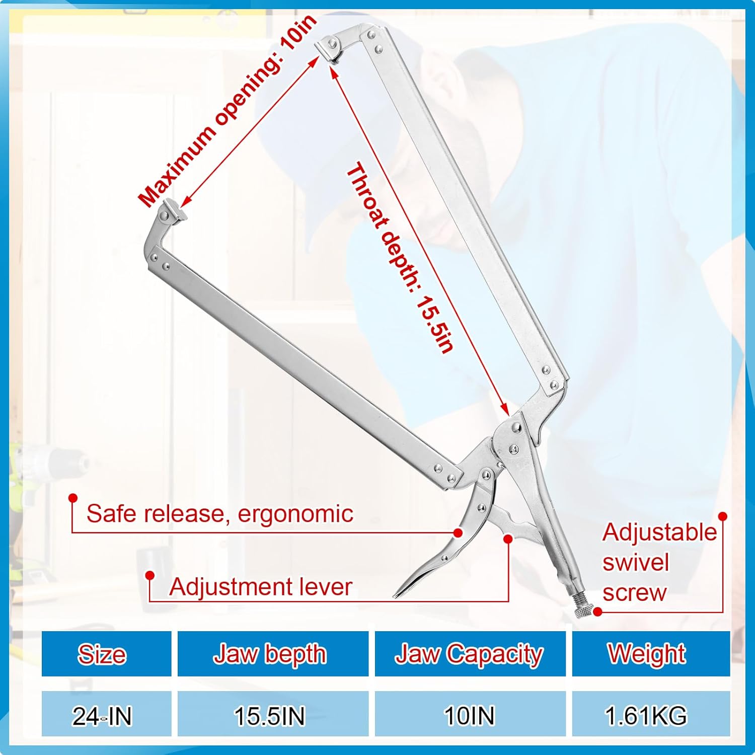 2 Pcs 24 Inch Locking C Clamp Large Opening Jaws Pliers Adjustable with Grip Swivel Pads Alloy Steel for Shop Home Farm Auto Workshop Woodworking Repair, Silver - - Image 3