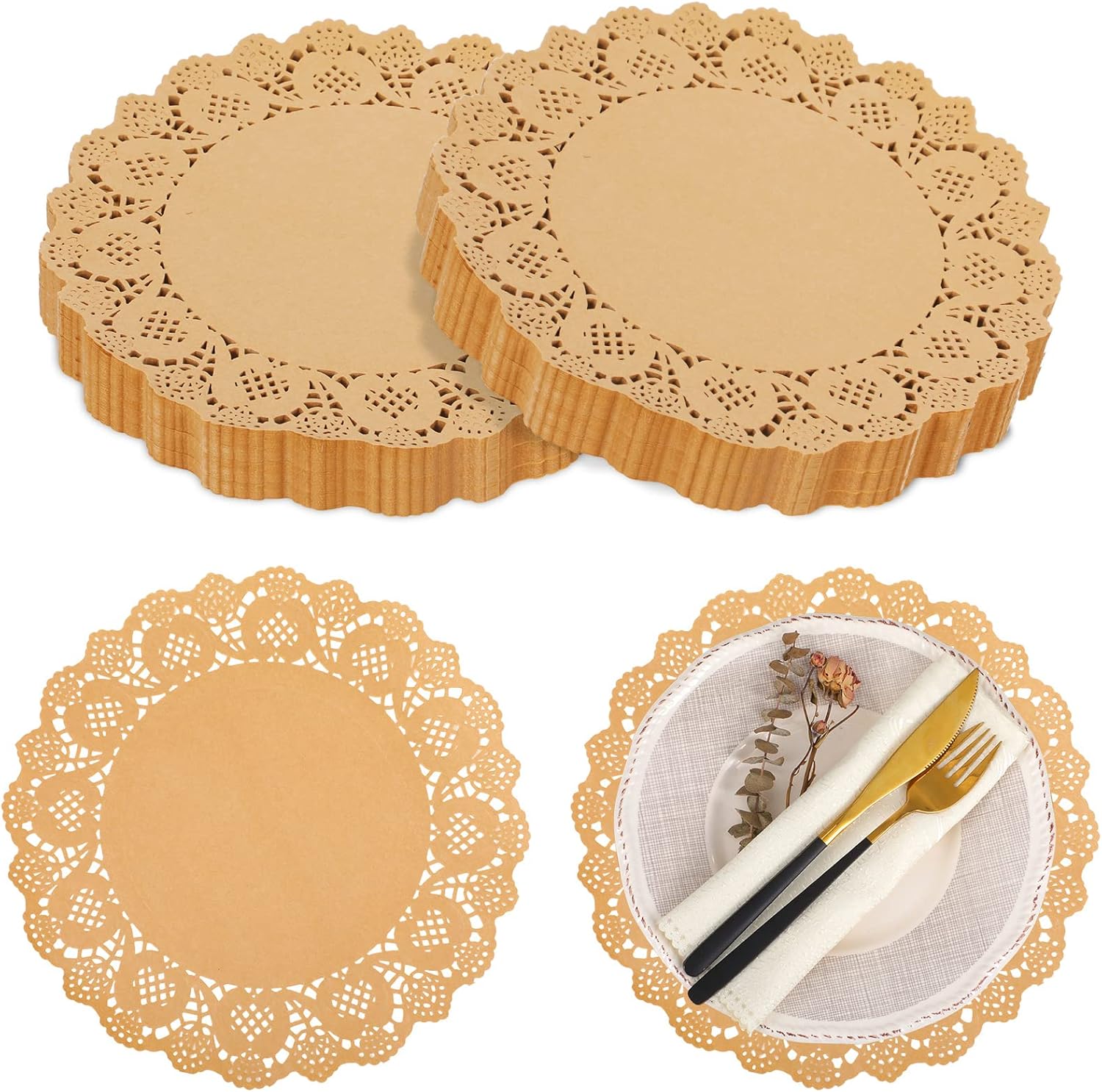 600 Pcs Round Kraft Paper Doilies, 12 Inch Disposable Lace Placemats, Rustic Scallop Doily Table Pads for Wedding, Birthday Party, Food, Cakes, Oil-Proof, Reusable Tableware Decor(Brown) Brown - - Image 1