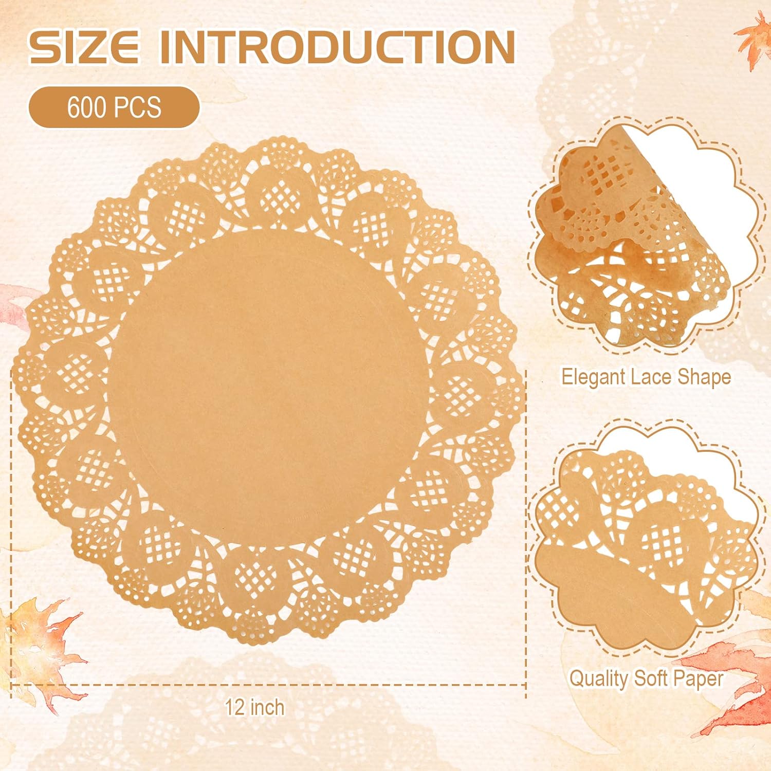 600 Pcs Round Kraft Paper Doilies, 12 Inch Disposable Lace Placemats, Rustic Scallop Doily Table Pads for Wedding, Birthday Party, Food, Cakes, Oil-Proof, Reusable Tableware Decor(Brown) Brown - - Image 3