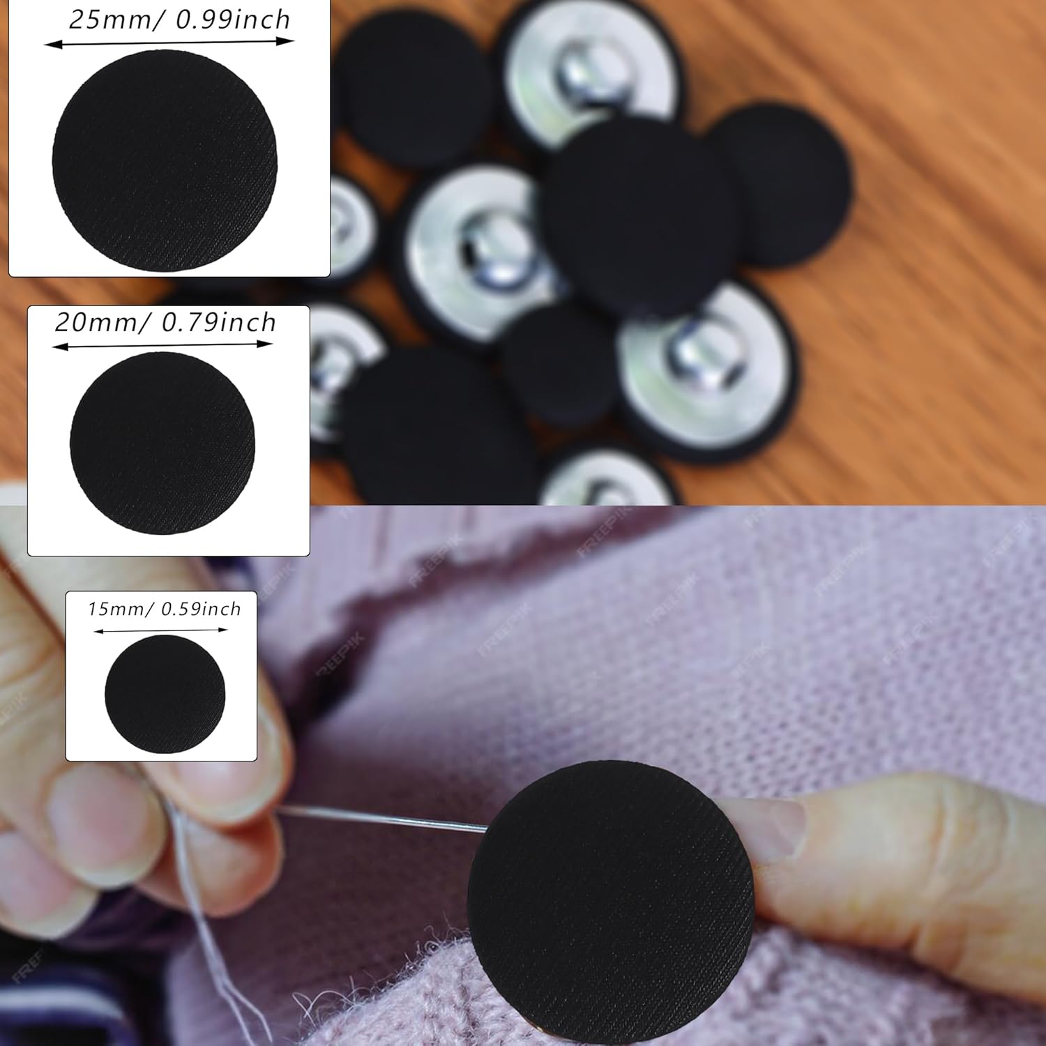 25pcs Satin Fabric Cloth Covered Buttons Metal Shank Round for Women Suit DIY Sewing Gowns Jeans Jackets Coats Shirts Wedding Dresses Handmade Crafts (Black, 15mm) black 15mm - Image 3