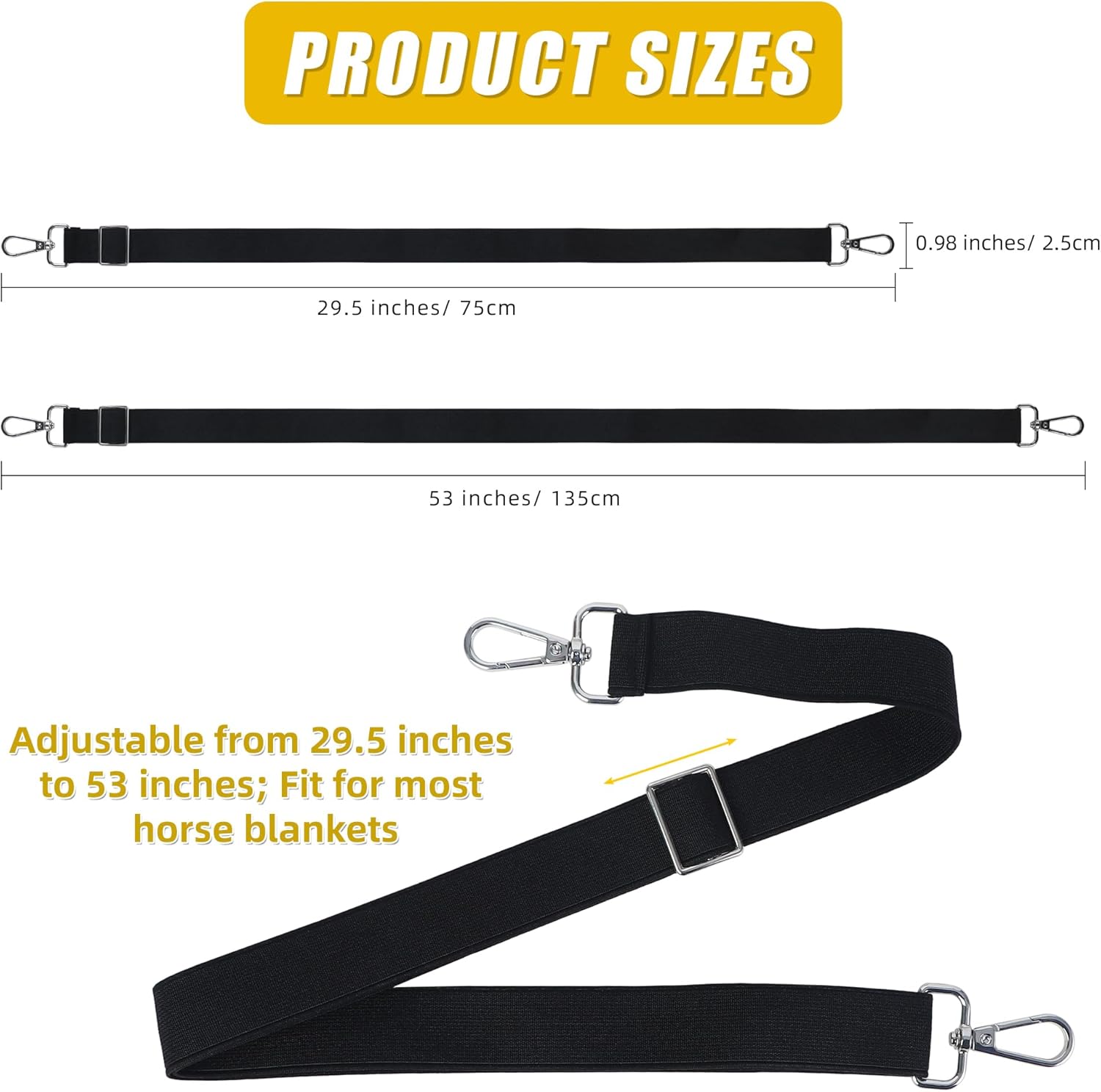 Horse Blanket Leg Straps, Elastic Belly Replacement Straps with Metal Double Swivel Snaps, 4 Pieces, Adjustable Length from 25.5