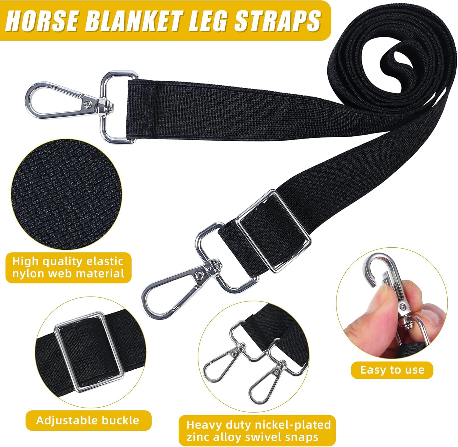 Horse Blanket Leg Straps, Elastic Belly Replacement Straps with Metal Double Swivel Snaps, 4 Pieces, Adjustable Length from 25.5