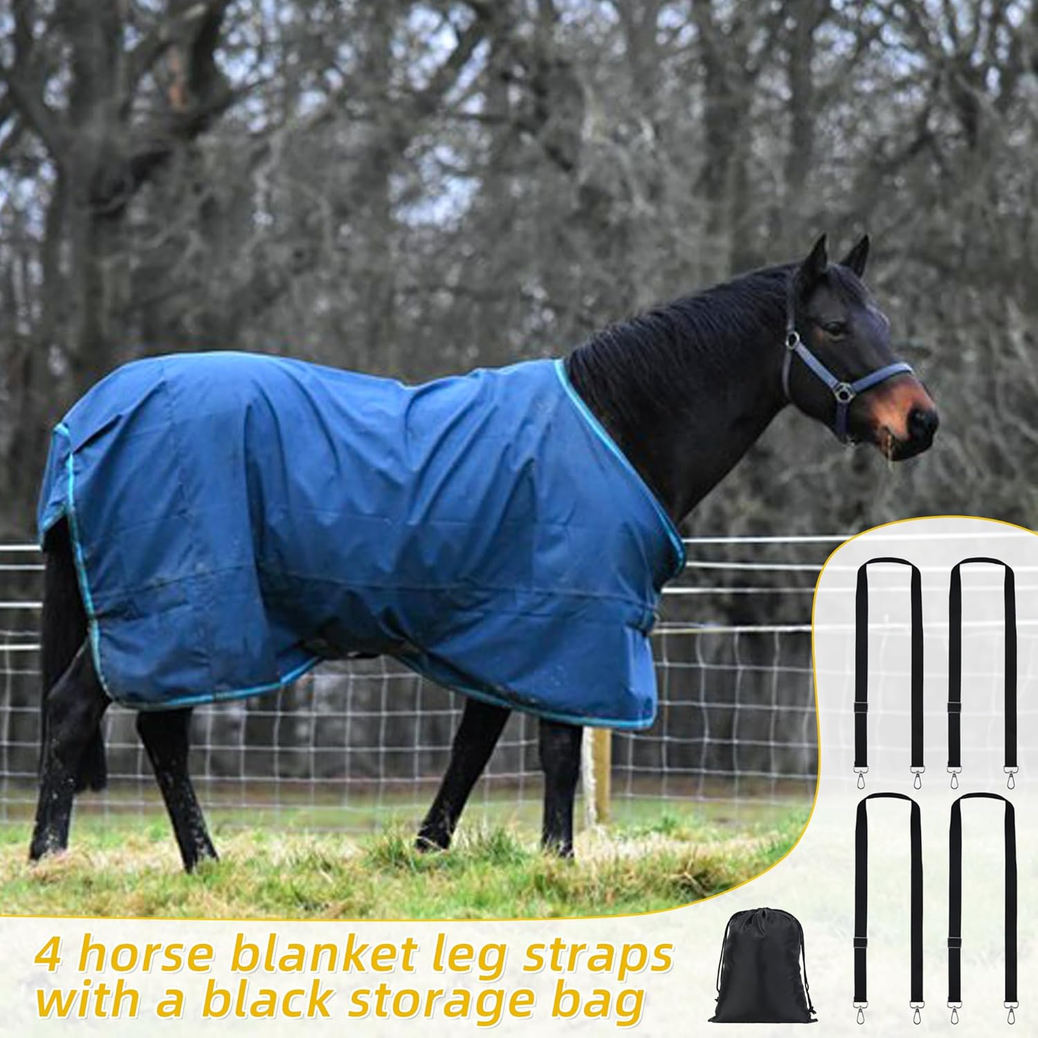Horse Blanket Leg Straps, Elastic Belly Replacement Straps with Metal Double Swivel Snaps, 4 Pieces, Adjustable Length from 25.5