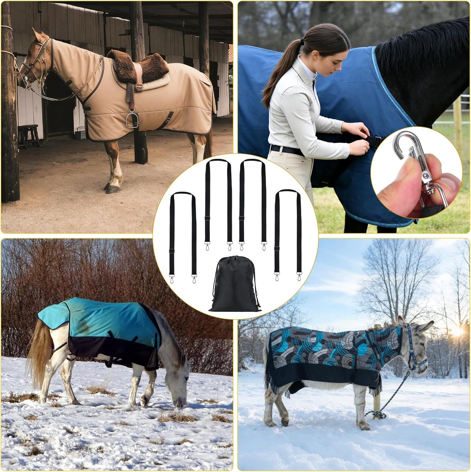 Horse Blanket Leg Straps, Elastic Belly Replacement Straps with Metal Double Swivel Snaps, 4 Pieces, Adjustable Length from 25.5
