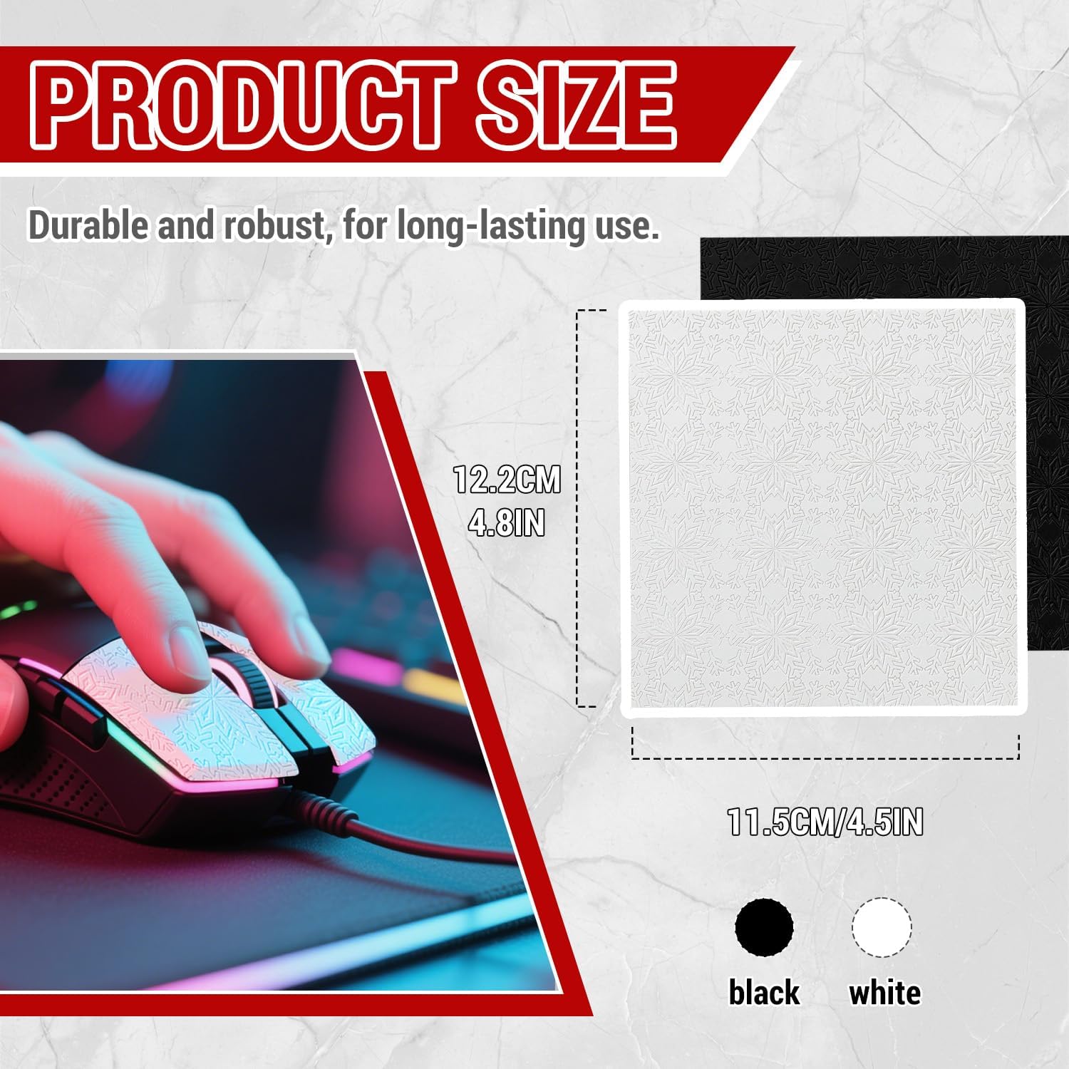 DIY Adhesive Universal Mouse Anti-Slip Snowflake Grip Tape, Cut Sweat-Absorbing Ultra-Thin 0.3mm Non-Slip Gaming Mice Skins Stickers for Any Brand(2PCS Black+White, 12x11.5cm/4.7x4.5in) Black+White - Image 2