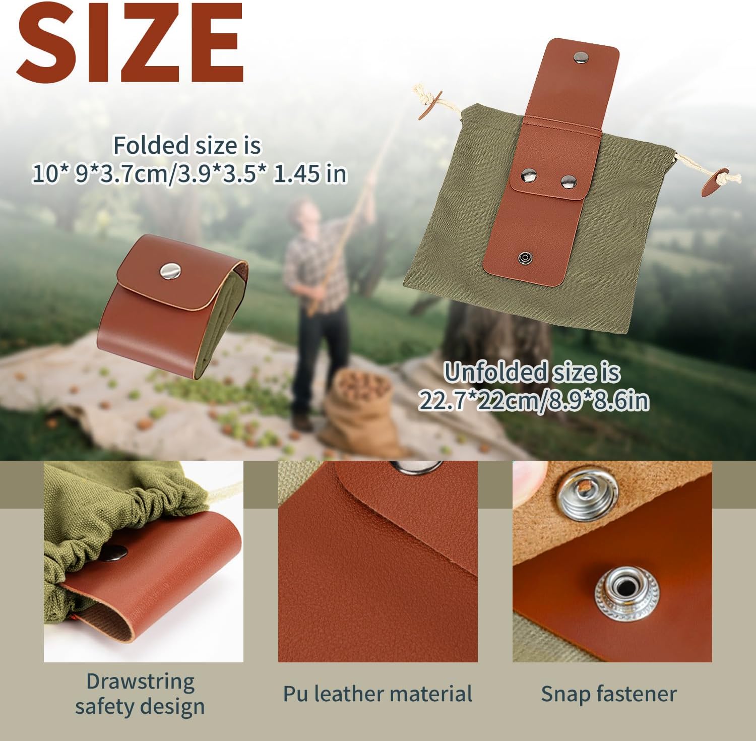 Foraging Bag Foldable Canvas Waist Pack for Outdoor Picking, Camping & Hiking, Belt Pouch with Drawstring Fruit Picking Bag, Multi-Purpose Storage Mushrooms, Nuts, Tools (Army Green) - Image 2