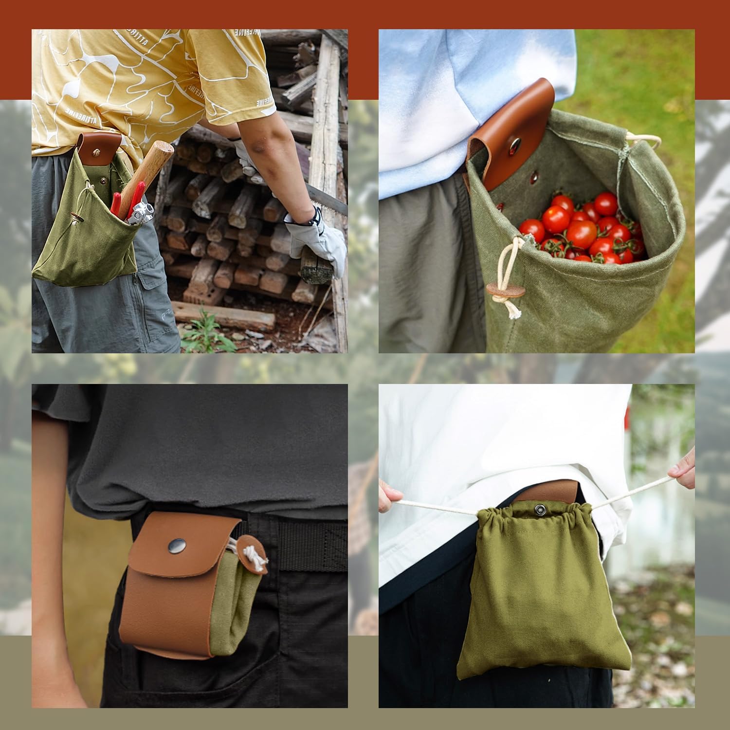 Foraging Bag Foldable Canvas Waist Pack for Outdoor Picking, Camping & Hiking, Belt Pouch with Drawstring Fruit Picking Bag, Multi-Purpose Storage Mushrooms, Nuts, Tools (Army Green) - Image 4