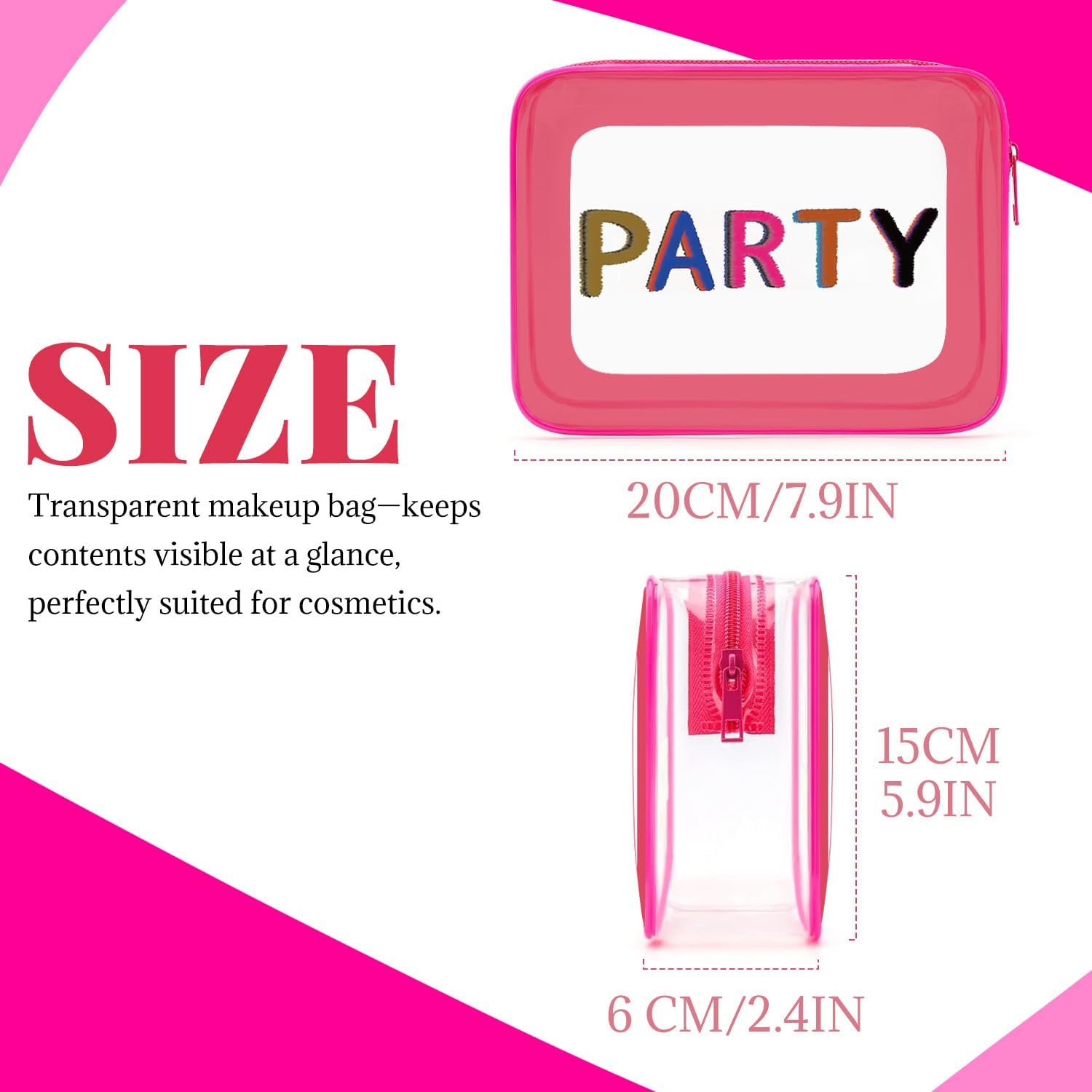 Clear Makeup Bag Travel Toiletry Organizer, Transparent PVC Cosmetic with Zipper, Waterproof Shower Organizer(Party Patterns Pink) - Image 2