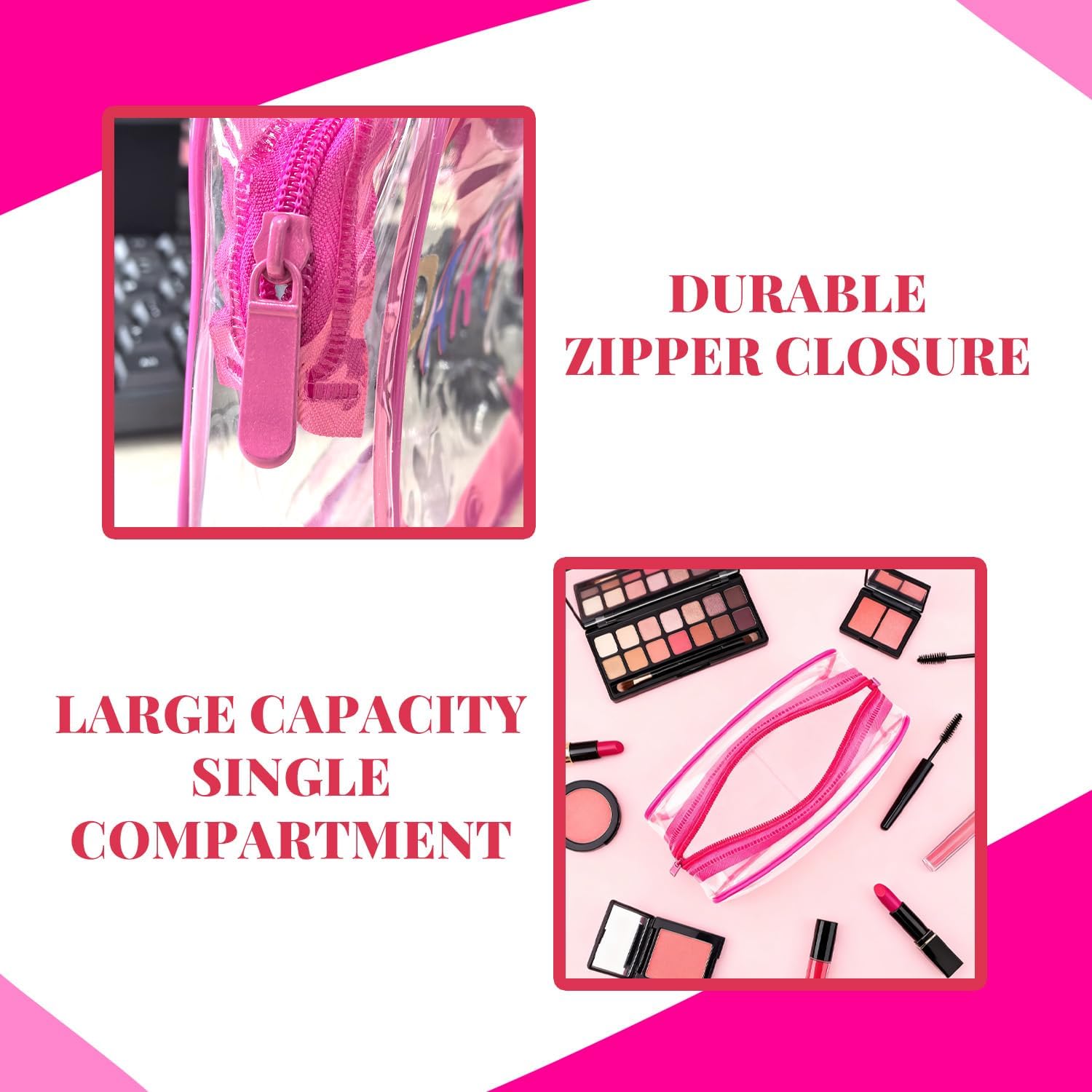 Clear Makeup Bag Travel Toiletry Organizer, Transparent PVC Cosmetic with Zipper, Waterproof Shower Organizer(Party Patterns Pink) - Image 4