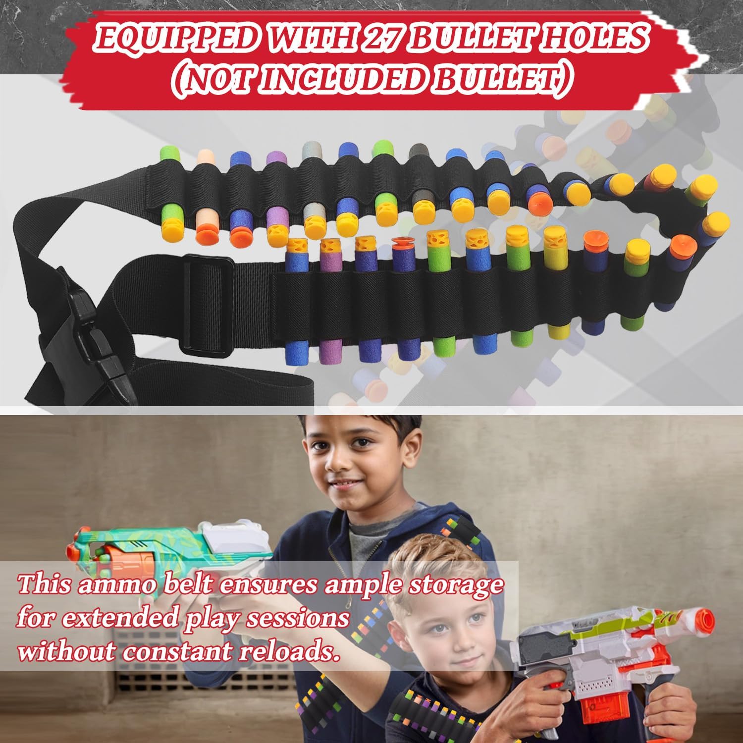 Adjustable Nylon Foam Dart Belt Strap Quick Release Buckle 27 Bullet Holes, Compatible for NERF Mega & N-Strike Elite Series, Ideal Boys Girls Gifts, Outdoor Play(Black) - Image 3