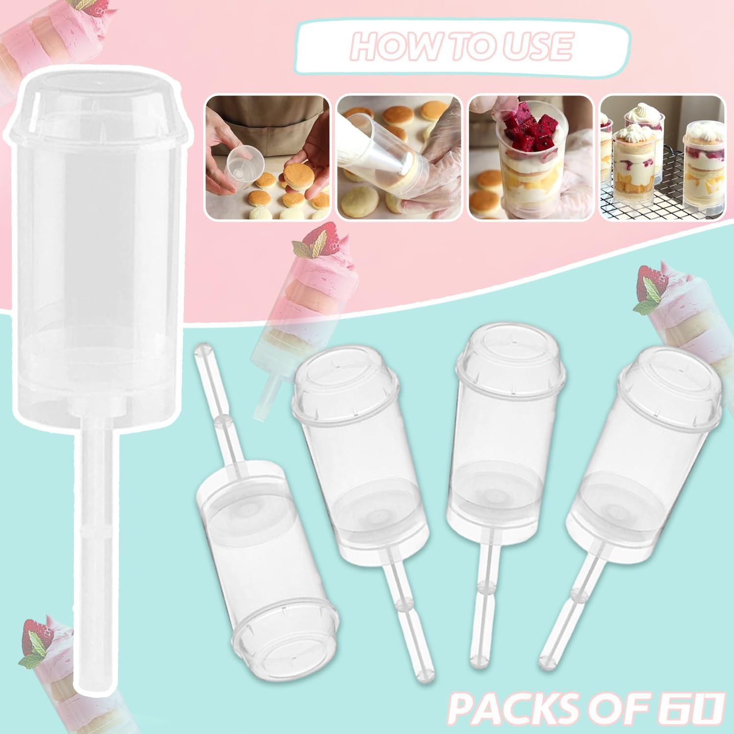 60 pcs Round Shape Clear Push-Up Cake Pop Shooter (Push Up Pops) Plastic Containers with Lids, Base & Stick - Image 3