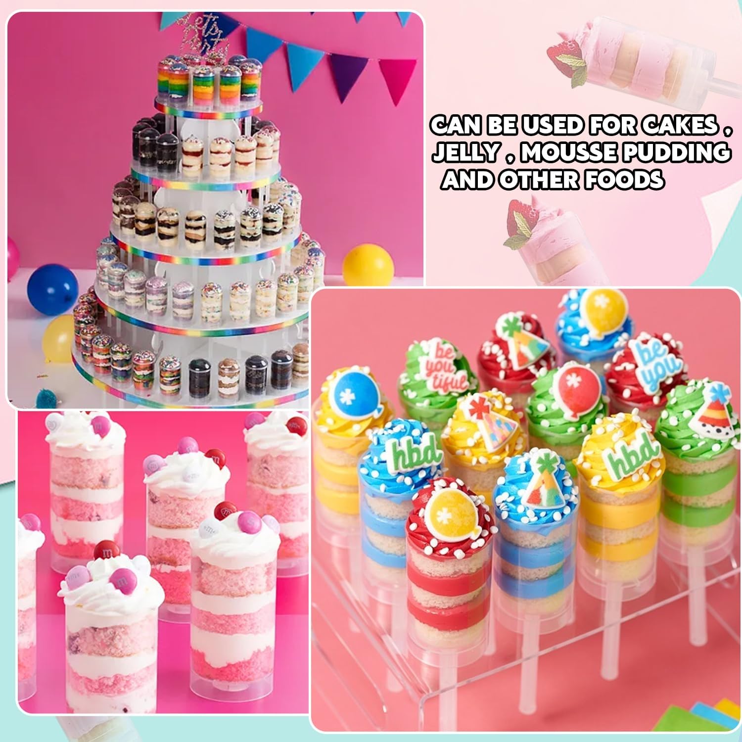 60 pcs Round Shape Clear Push-Up Cake Pop Shooter (Push Up Pops) Plastic Containers with Lids, Base & Stick - Image 4