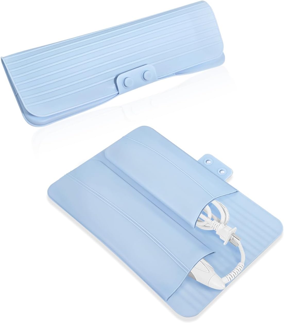 2-in-1 Heat Resistant Silicone Mat Travel Case, Soft Folding Storage Bag with 2 Pockets for Curling Iron, Flat Hair Straightener Non-Slip, Portable Hot Styling Tools(Blue) - Image 1