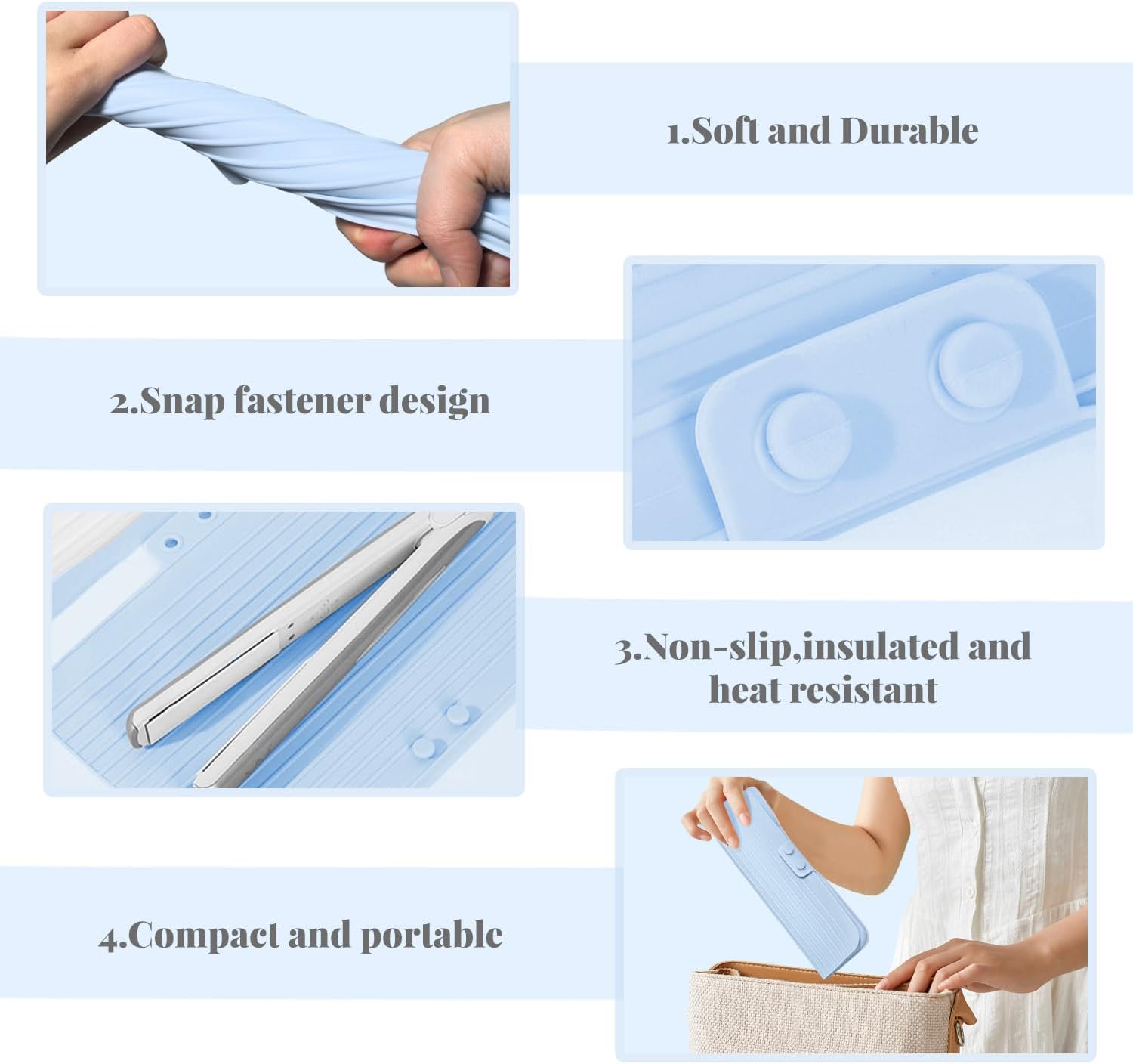 2-in-1 Heat Resistant Silicone Mat Travel Case, Soft Folding Storage Bag with 2 Pockets for Curling Iron, Flat Hair Straightener Non-Slip, Portable Hot Styling Tools(Blue) - Image 3