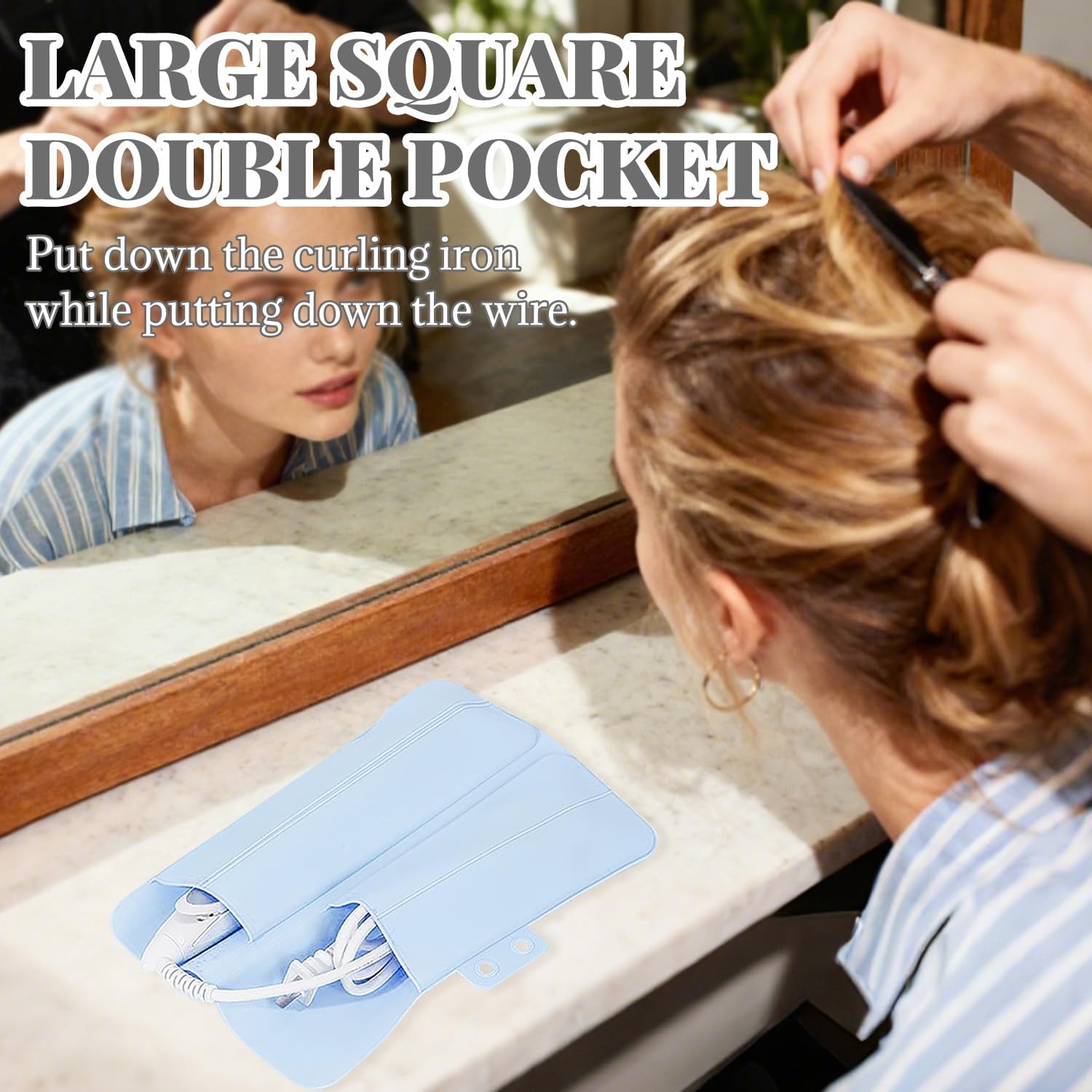 2-in-1 Heat Resistant Silicone Mat Travel Case, Soft Folding Storage Bag with 2 Pockets for Curling Iron, Flat Hair Straightener Non-Slip, Portable Hot Styling Tools(Blue) - Image 4