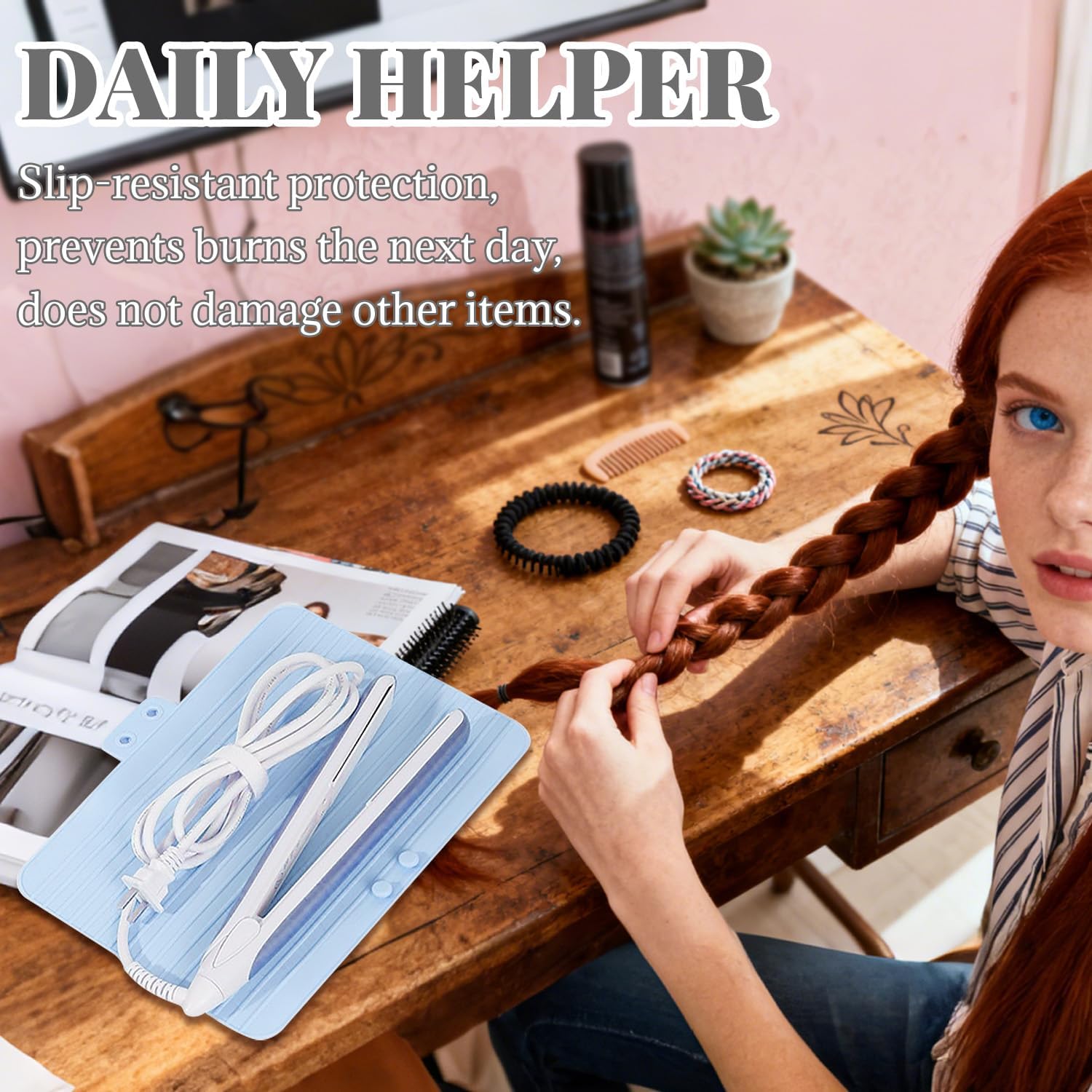 2-in-1 Heat Resistant Silicone Mat Travel Case, Soft Folding Storage Bag with 2 Pockets for Curling Iron, Flat Hair Straightener Non-Slip, Portable Hot Styling Tools(Blue) - Image 5