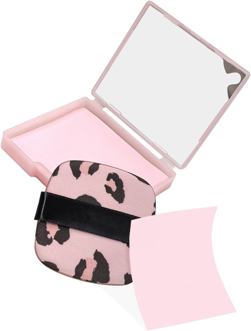 3-in-1 Oil Blotting Paper Set for Face Absorbing Sheet with Portable Mirror & Adhesive Makeup Puff, Oily Skin, Design Men Women(100 Sheets, Pink Leopard Print) - Image 1