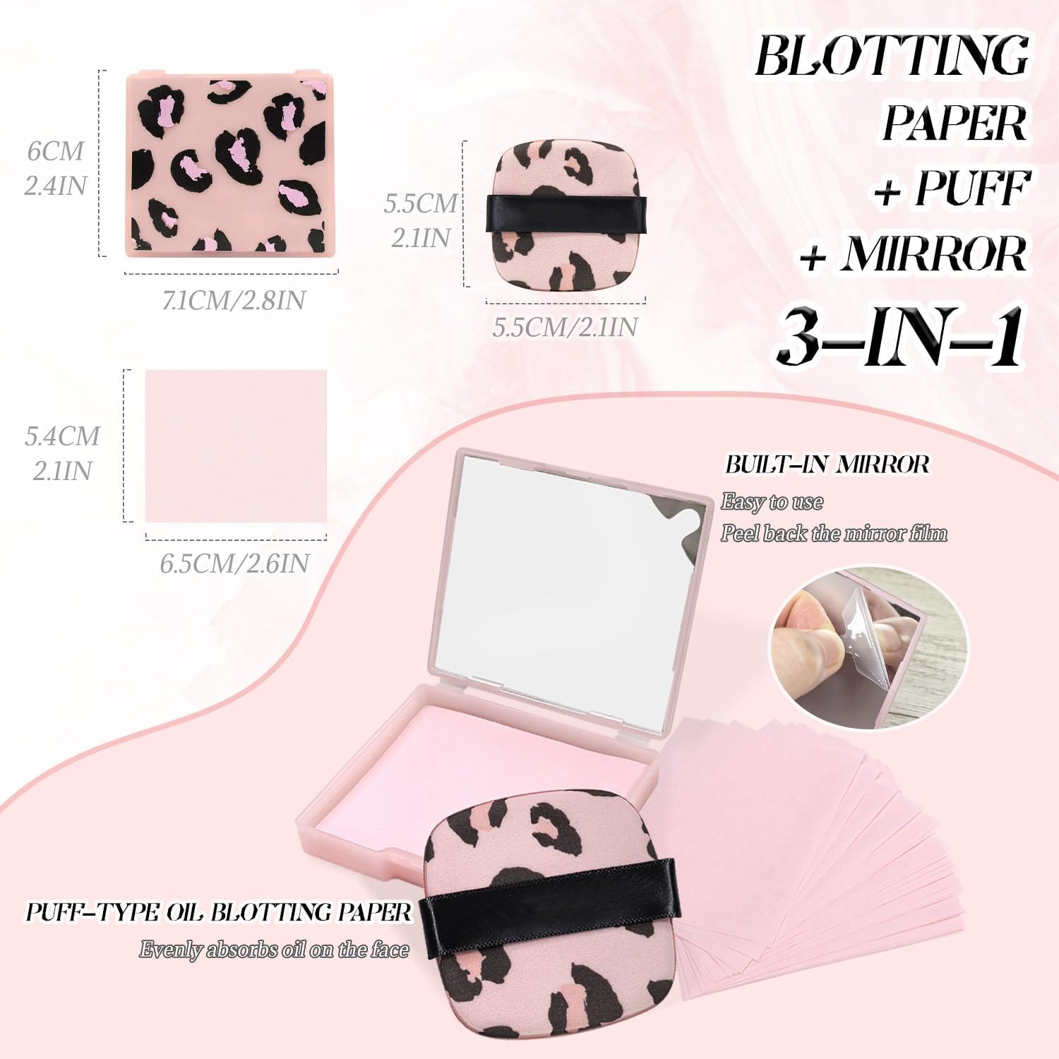 3-in-1 Oil Blotting Paper Set for Face Absorbing Sheet with Portable Mirror & Adhesive Makeup Puff, Oily Skin, Design Men Women(100 Sheets, Pink Leopard Print) - Image 2