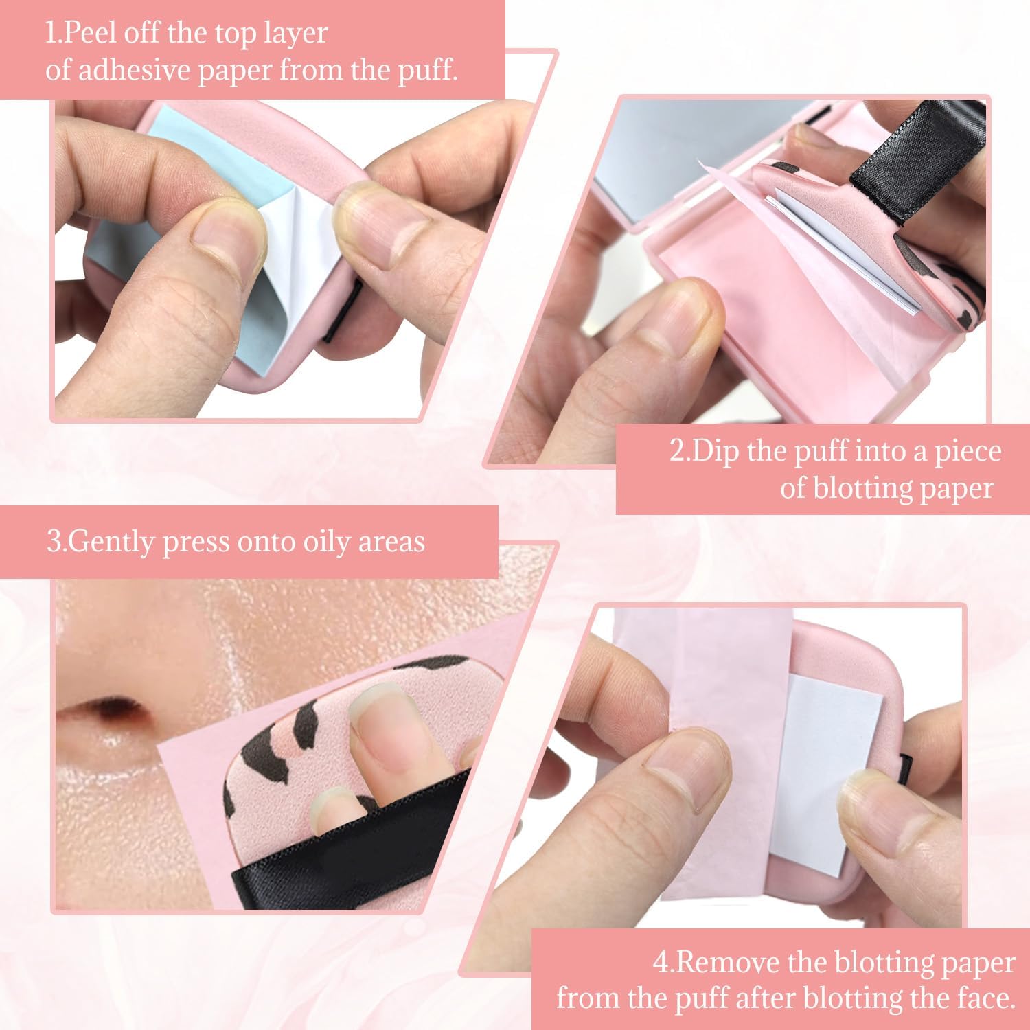 3-in-1 Oil Blotting Paper Set for Face Absorbing Sheet with Portable Mirror & Adhesive Makeup Puff, Oily Skin, Design Men Women(100 Sheets, Pink Leopard Print) - Image 4