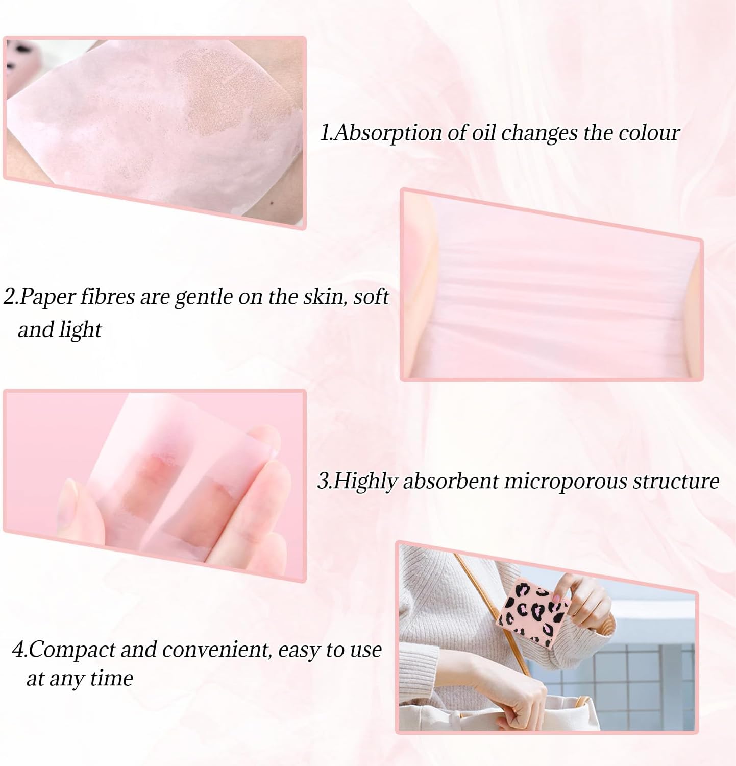 3-in-1 Oil Blotting Paper Set for Face Absorbing Sheet with Portable Mirror & Adhesive Makeup Puff, Oily Skin, Design Men Women(100 Sheets, Pink Leopard Print) - Image 5
