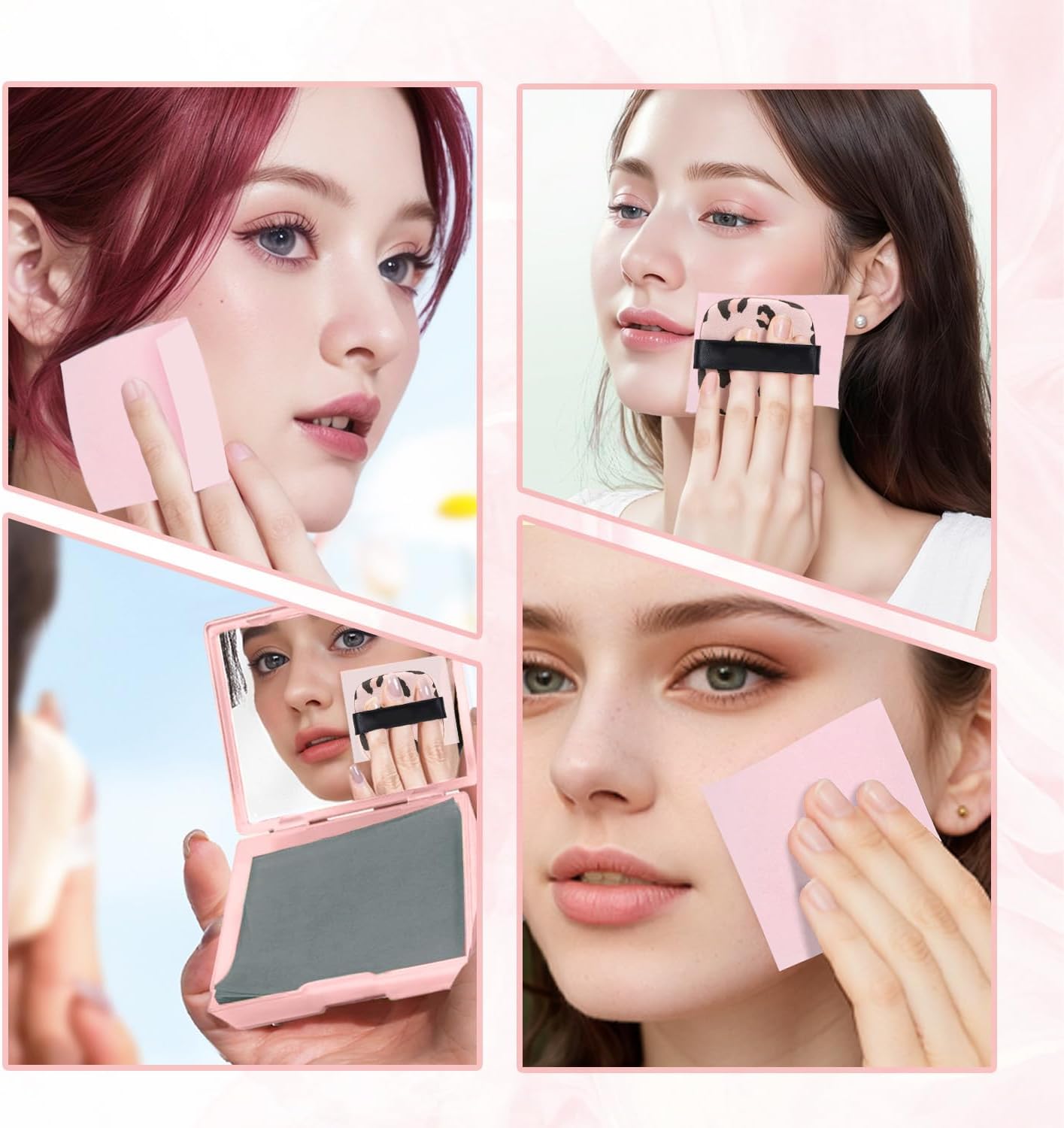 3-in-1 Oil Blotting Paper Set for Face Absorbing Sheet with Portable Mirror & Adhesive Makeup Puff, Oily Skin, Design Men Women(100 Sheets, Pink Leopard Print) - Image 6