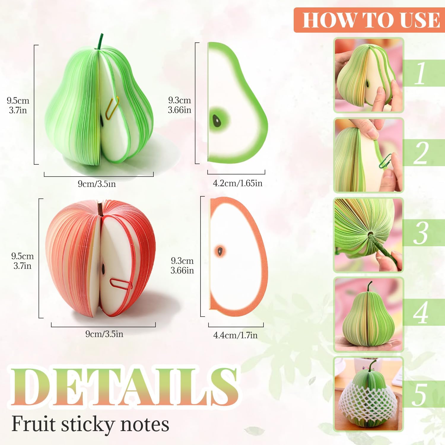 2 Pack 3D Fruit Shaped Non-Sticky Notes, Apple & Pear Sticky Memo Pads, Creative Desk Decoration Notebooks for Office, School, Planner, Journal, Prezzie - Image 3