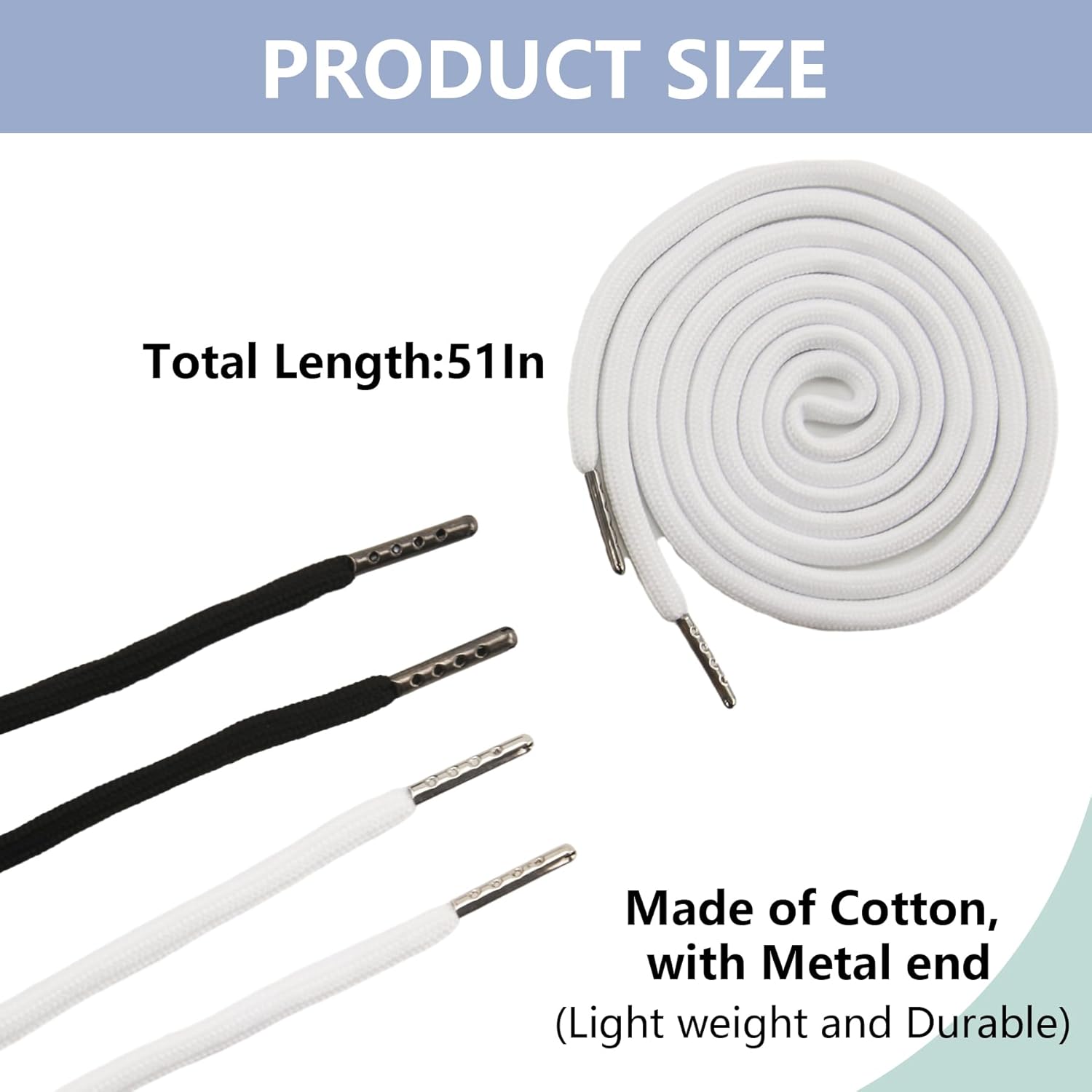 2Pcs 51 Inch Cotton Drawstring Cord Replacement Drawstrings for Sweatpants and Shorts，Universal Hoodies，Premium Hoodie String Replacement，with Easy Metal Threader.（Black+White Black+white - Image 2