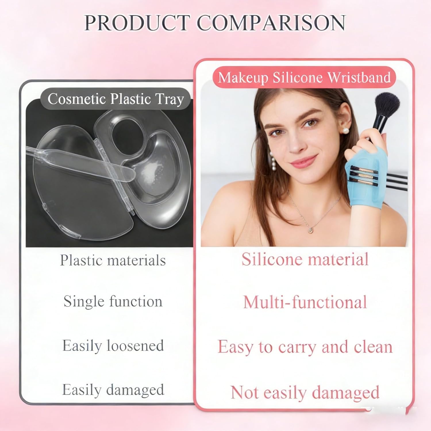 Silicone Makeup Assistant Wristband, Professional Portable Beauty Tool with Brush Holder, Color Mixing Palette & Cleaning Zone, Adjustable Hand Strap for Artists Daily Use(Pink) - Image 4