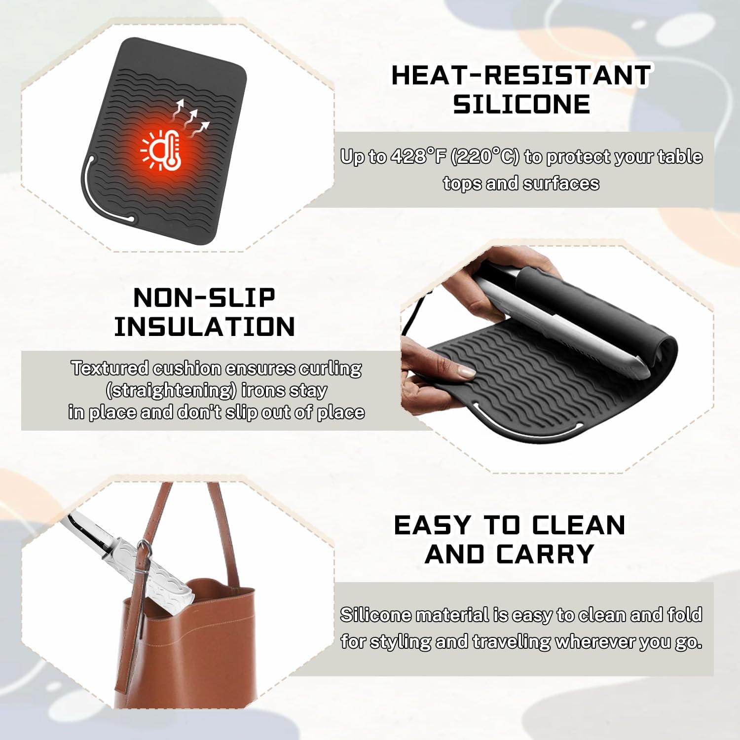 2 Pcs Silicone High Heat Resistant Mat for Hair Styling Tools, Portable Hot Protection Pad Curling Iron, Straighteners, Ideal Home, Makeup, Travel & Salon Use(8.46*6.3IN, Black+White) - Image 3