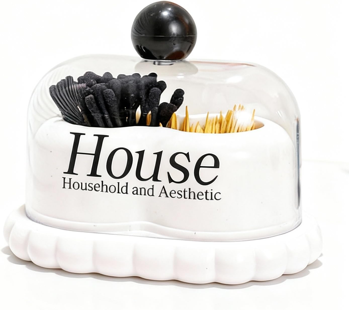 Dual Compartment Cotton Swab & Toothpick Holder with Lid, Minimalist Bathroom Canister Organizer for Vanity Countertop, Storage Qtips, Floss Picks (White) - Image 1