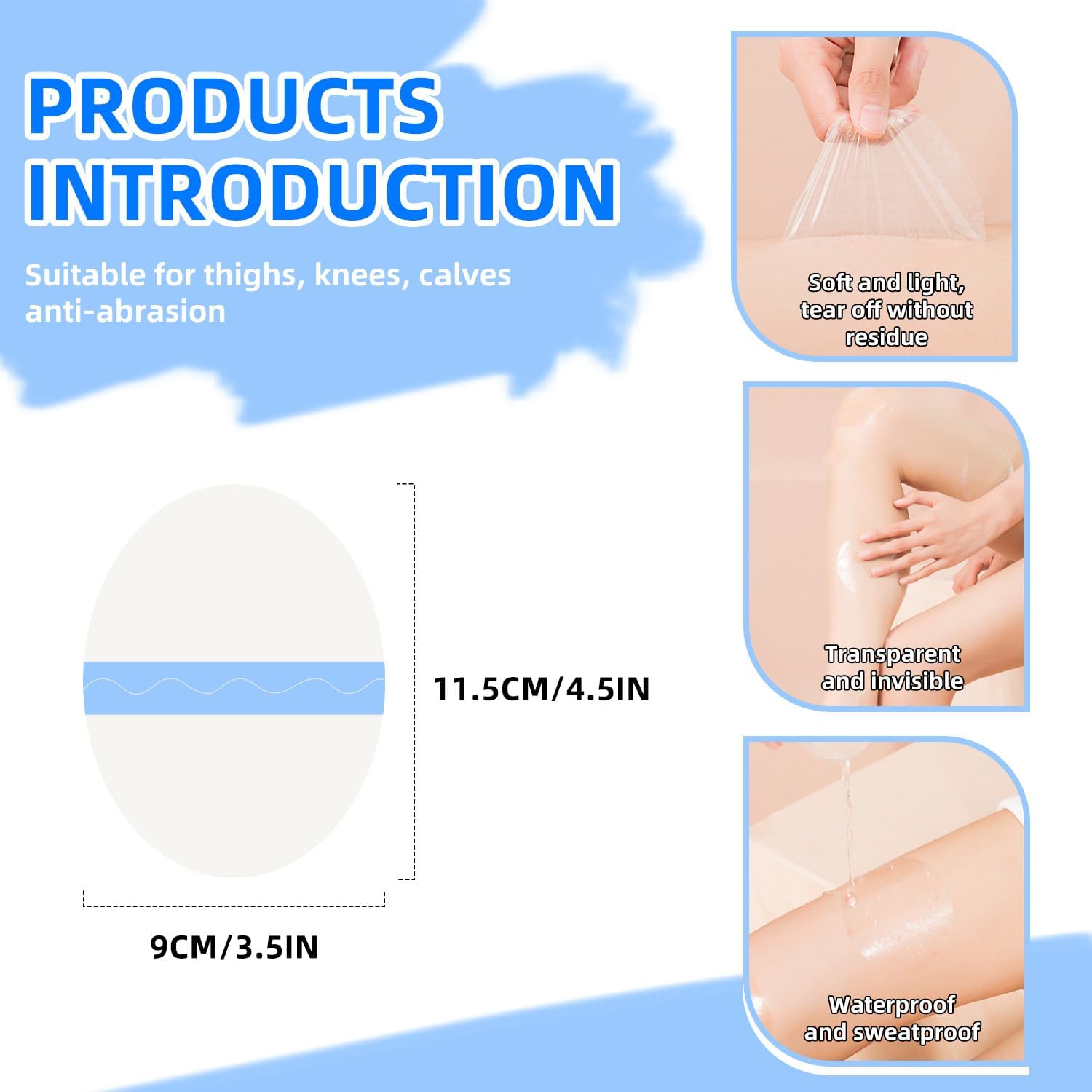 10 Pcs PU Transparent Anti-Chafing Thigh Patches, Waterproof Film Invisible Adhesive Sticker for Thigh, Knee, Heel Protection, Skin-Friendly Tape(4.5 x 3.5 in, Oval) - Image 2