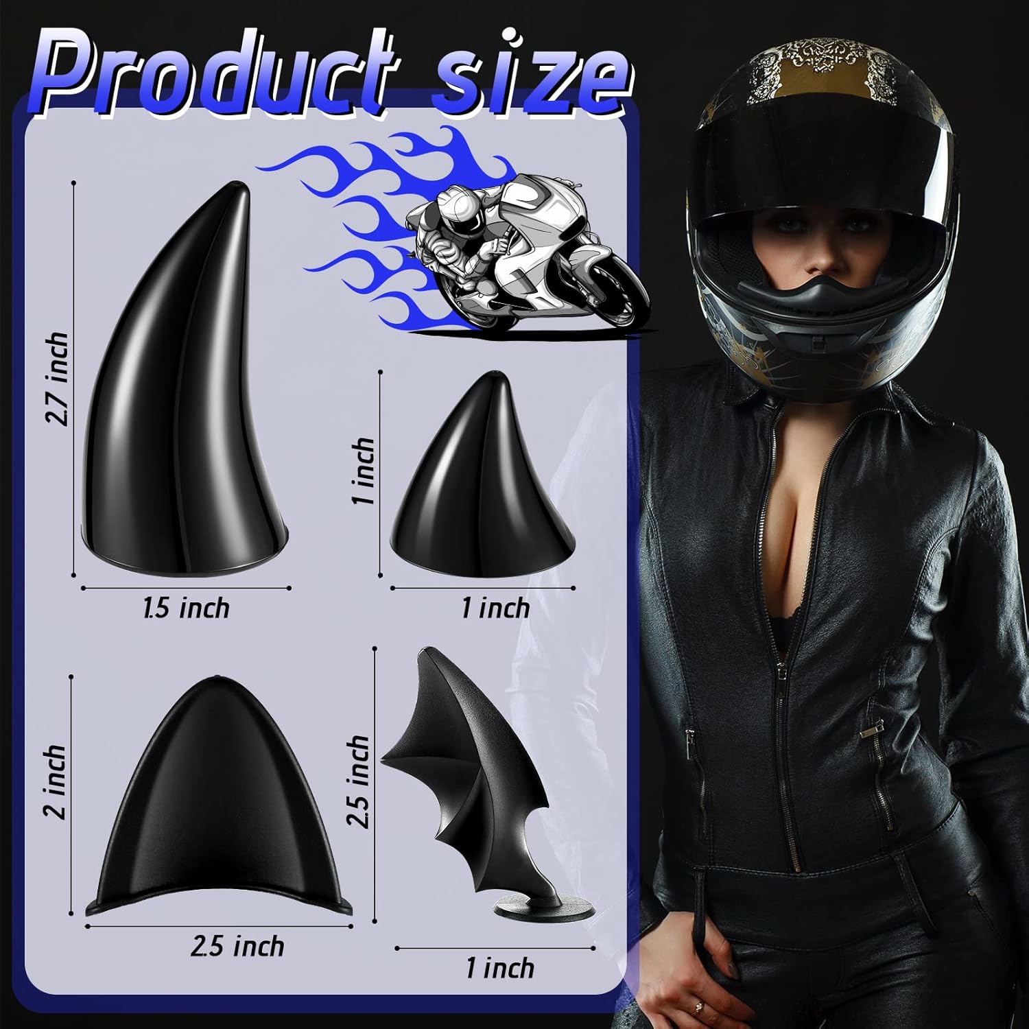 4 Pairs Helmet Devil Horns Motorcycle Accessories Cat Ears Wings with Adhesive Suction Cup Ski Bike for Women Men, Black - Image 2