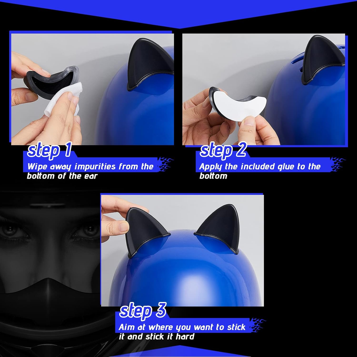 4 Pairs Helmet Devil Horns Motorcycle Accessories Cat Ears Wings with Adhesive Suction Cup Ski Bike for Women Men, Black - Image 4